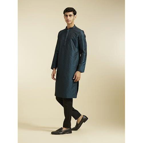 Diwas By Manyavar Men's Satin Textured Kurta (Teal Blue,L)