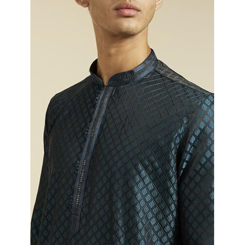 Diwas By Manyavar Men's Satin Textured Kurta (Teal Blue,L)