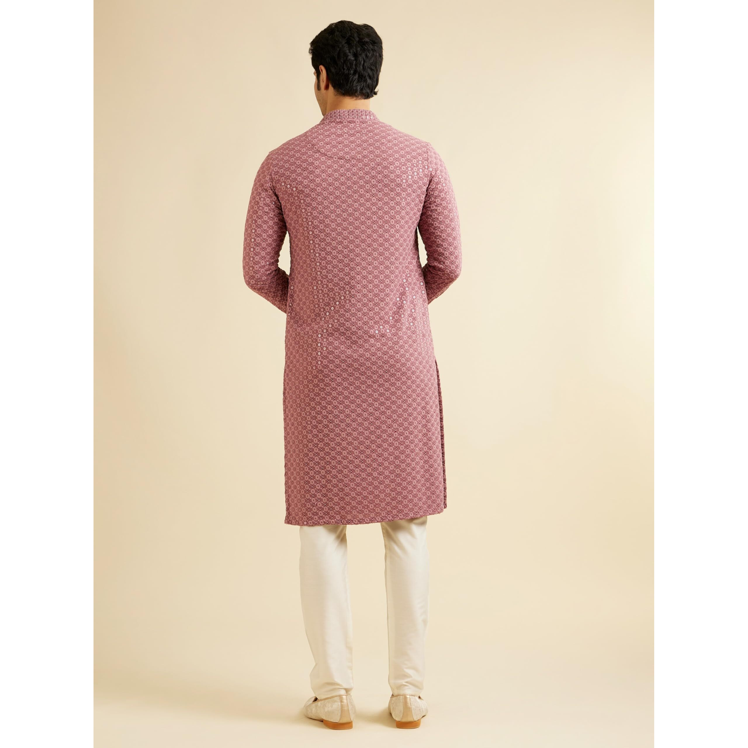 Manyavar Men's Viscose Chikankari|Sequin Work Kurta Set (Pink,M)