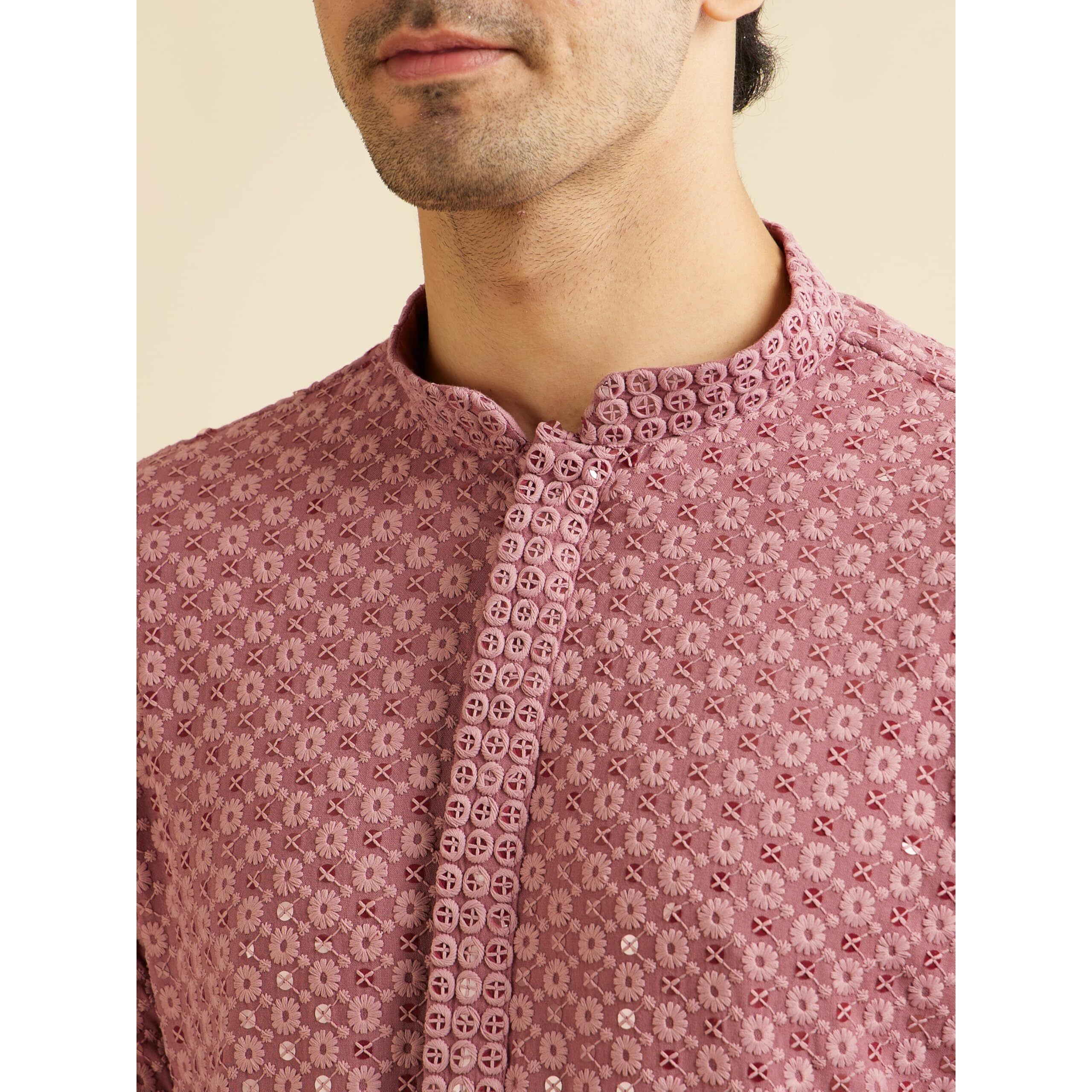 Manyavar Men's Viscose Chikankari|Sequin Work Kurta Set (Pink,M)