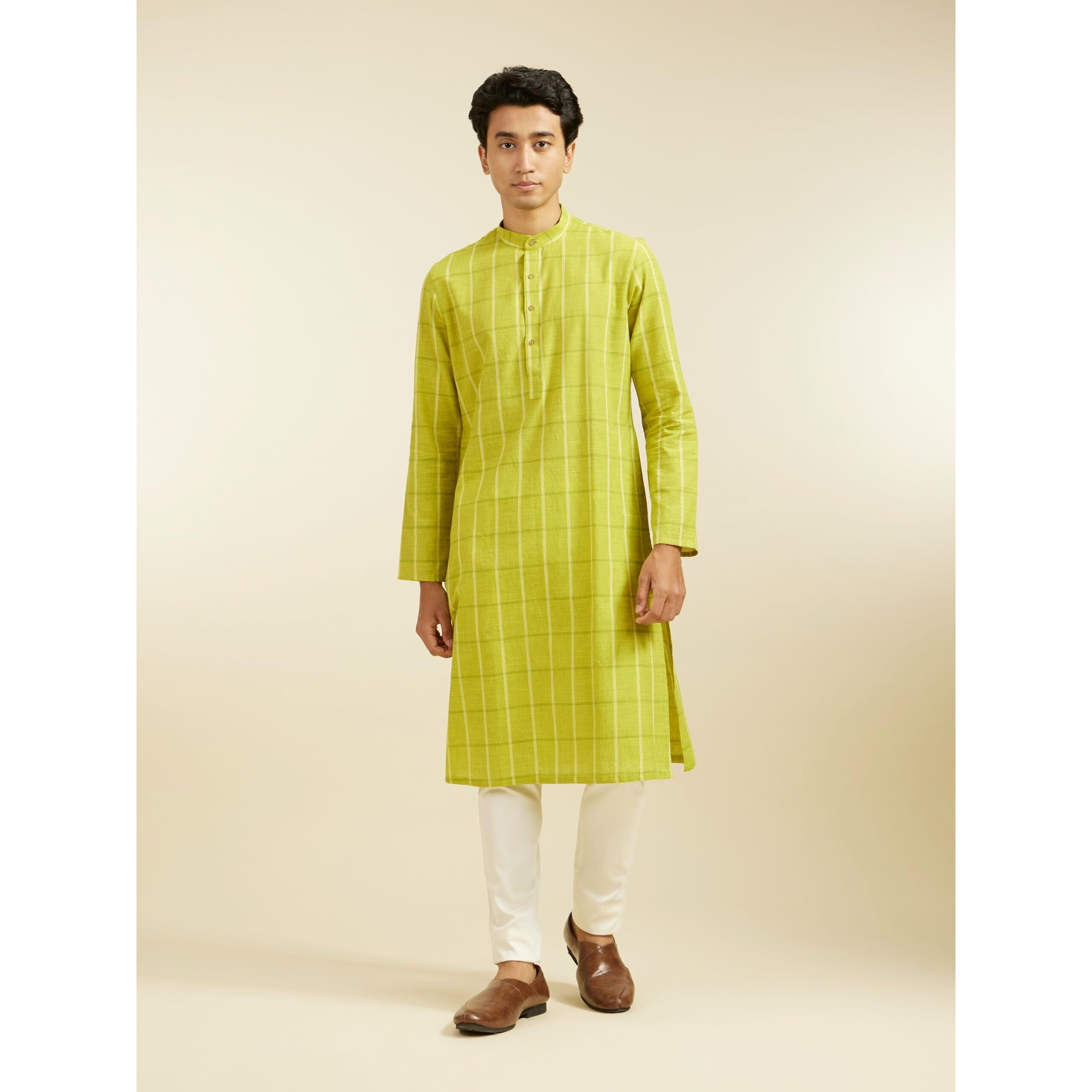 Diwas By Manyavar Men's Cotton Checkered Kurta (Green,M)