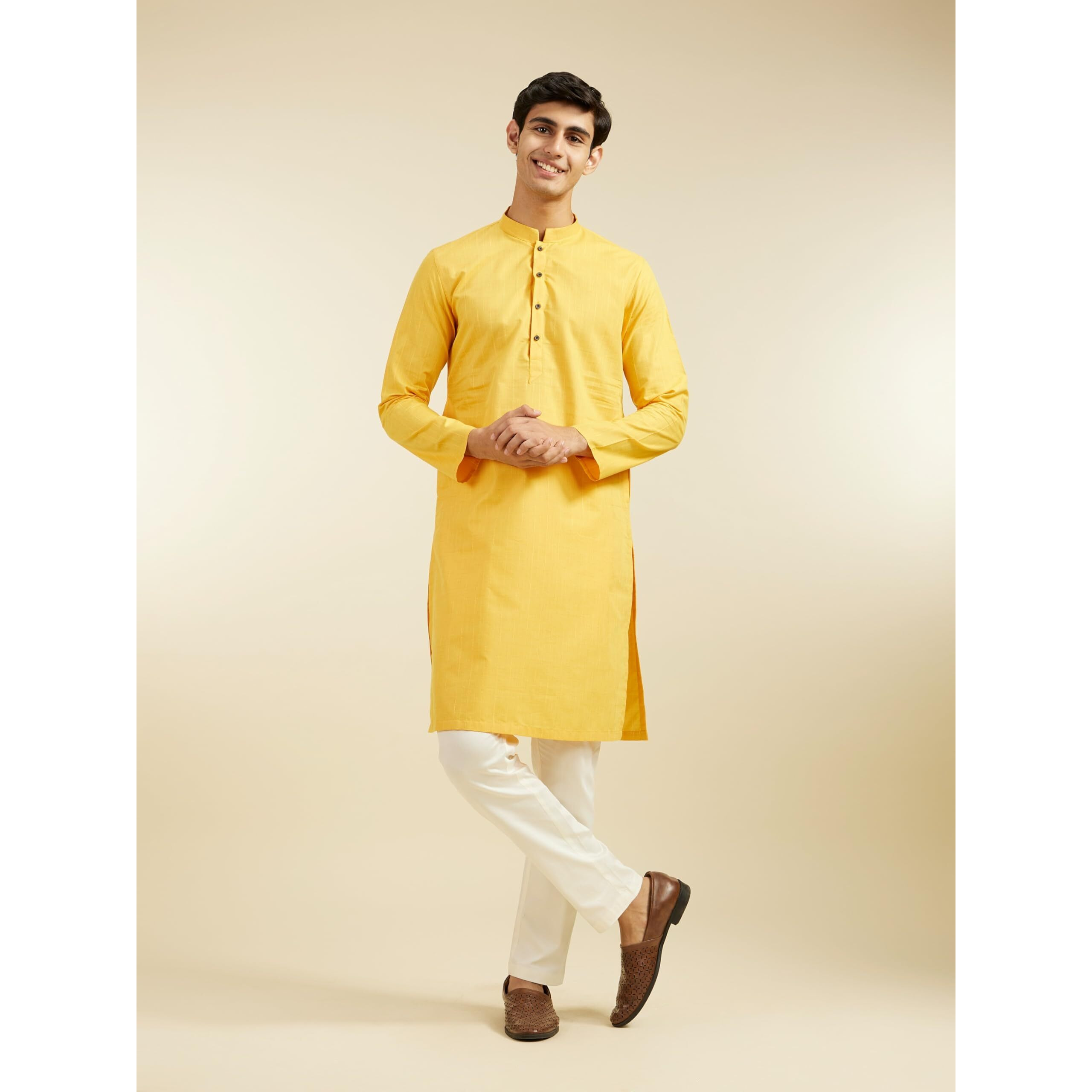 Diwas By Manyavar Men's Cotton Blend Self Design Kurta (Mustard,S)