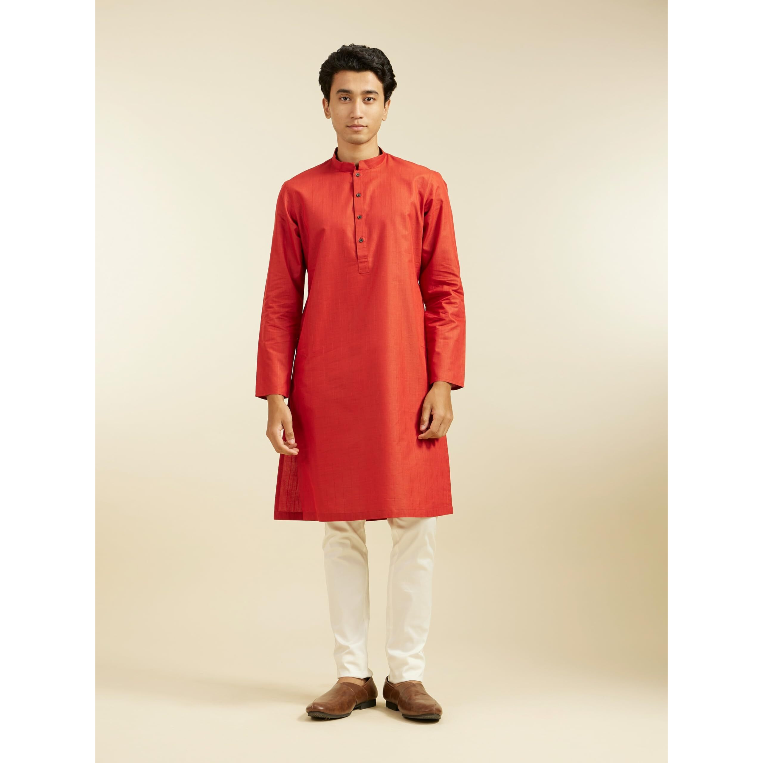 Diwas By Manyavar Men's Cotton Blend Self Design Kurta (Red,M)