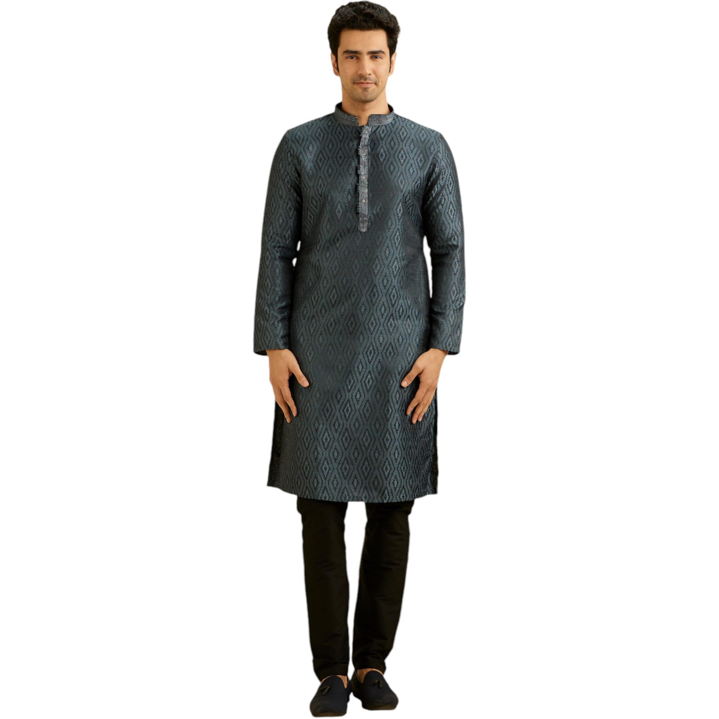 Manyavar Men's Brocade Printed Kurta Set (Grey,L)