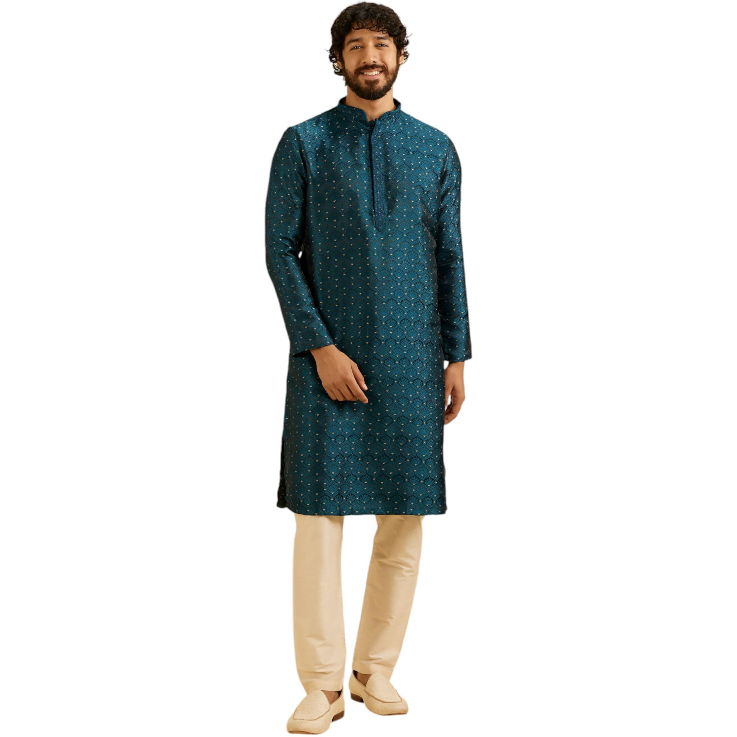 Manyavar Men's Brocade Self Design| Stone Work Kurta Set (Blue,Xl)