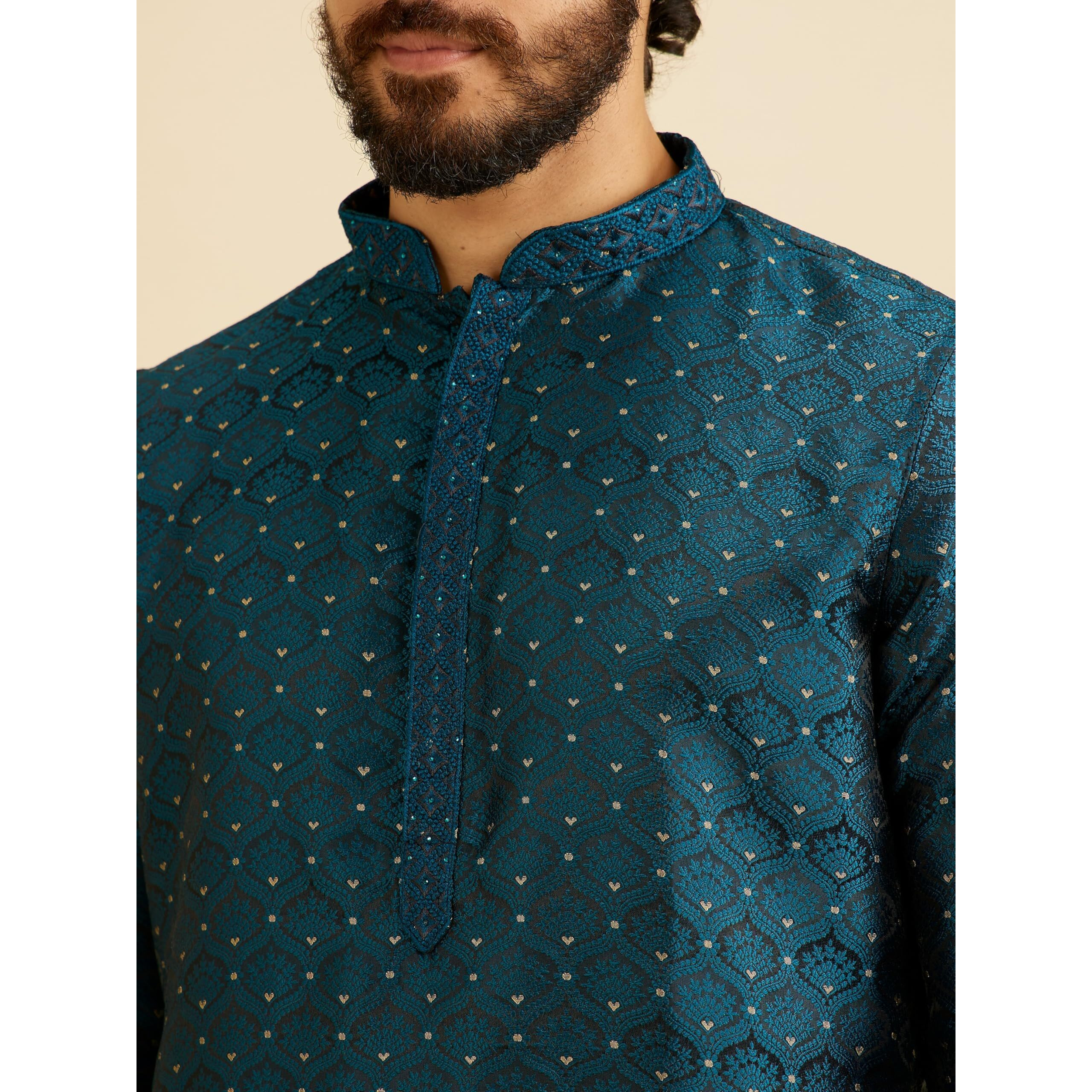 Manyavar Men's Brocade Self Design| Stone Work Kurta Set (Blue,Xl)