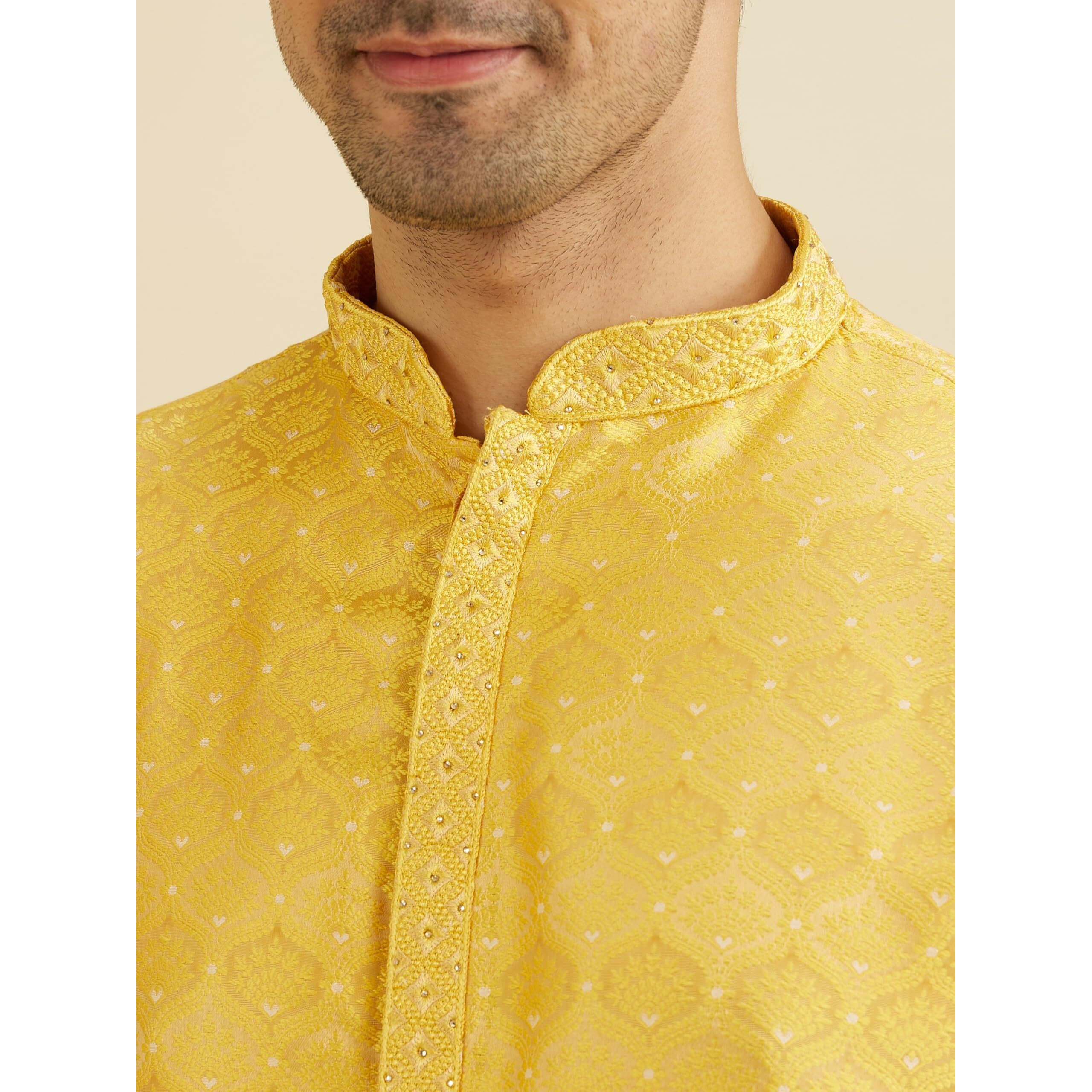 Manyavar Men's Brocade Floral Buta Motifs Kurta Set (Mustard,Xl)
