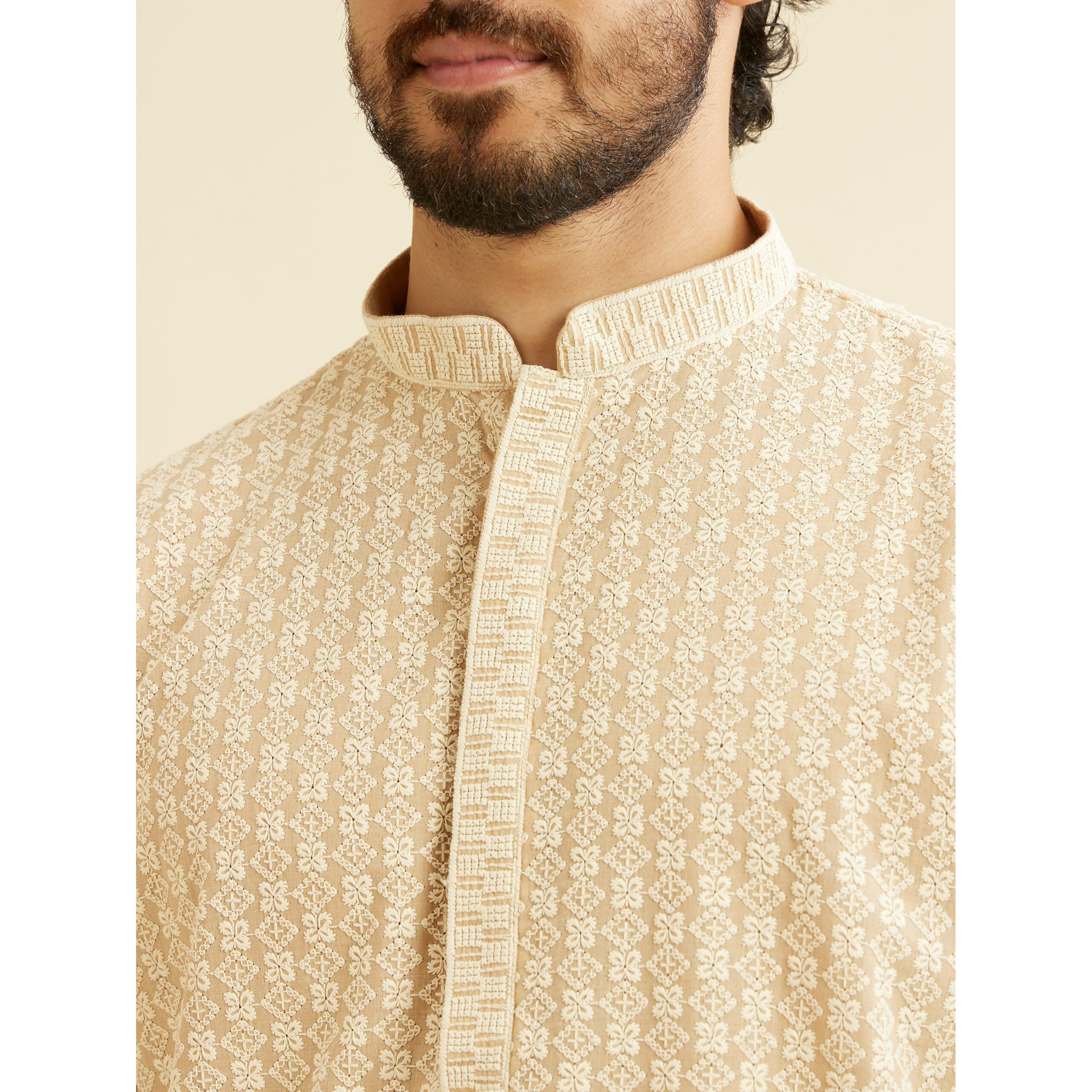 Manyavar Men's Cotton Blend Chikankari Kurta Pyjama Set (Beige,Xxl)