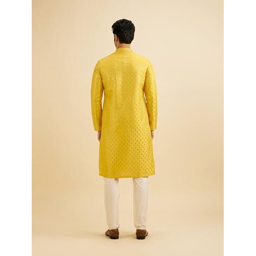 Manyavar Men's Art Silk Sequined Kurta Set (Yellow,M)