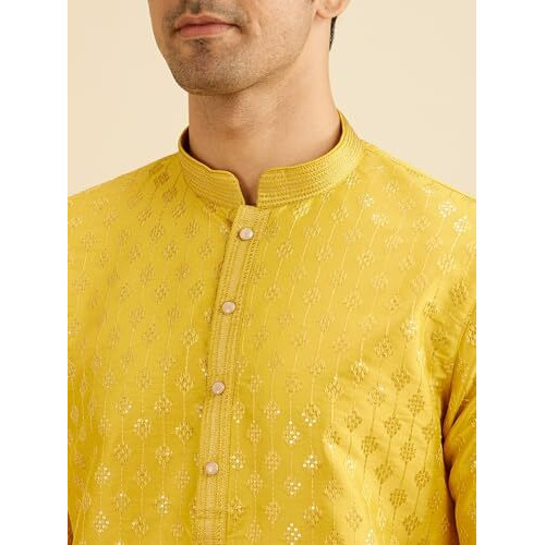 Manyavar Men's Art Silk Sequined Kurta Set (Yellow,M)