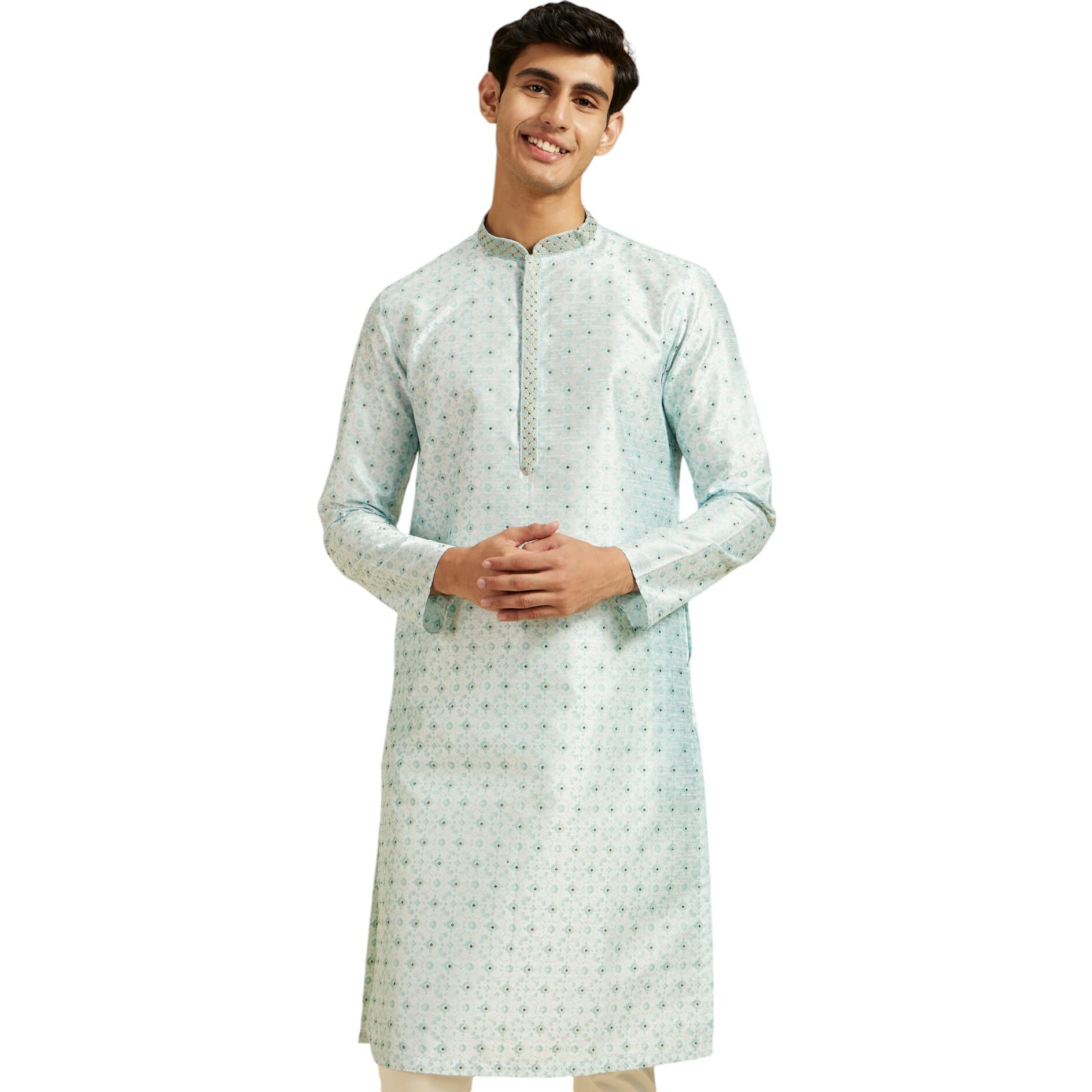 Diwas By Manyavar Men's Art Silk Stone Work | Printed Kurta (Light Blue,Xxxl)