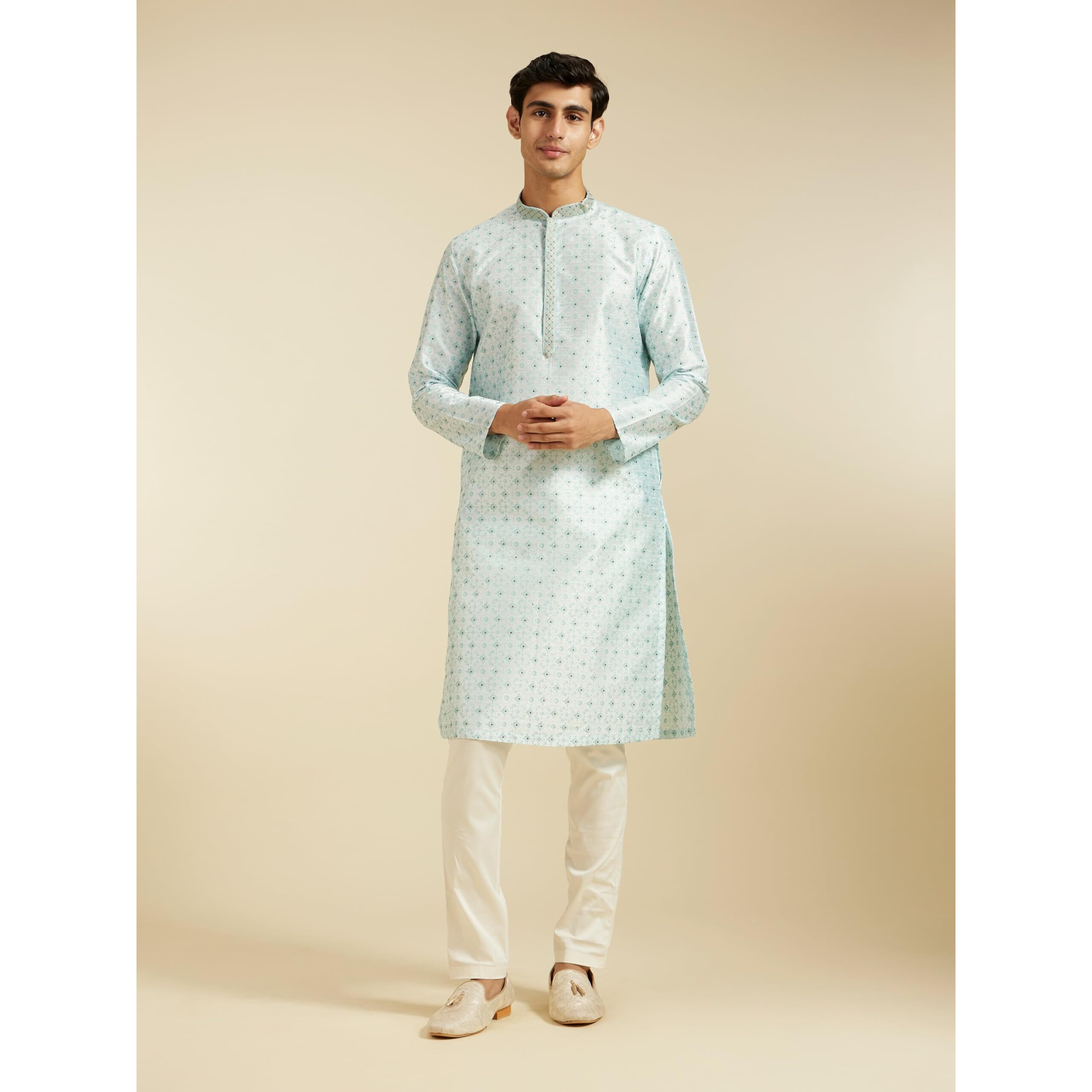 Diwas By Manyavar Men's Art Silk Stone Work | Printed Kurta (Light Blue,Xxxl)