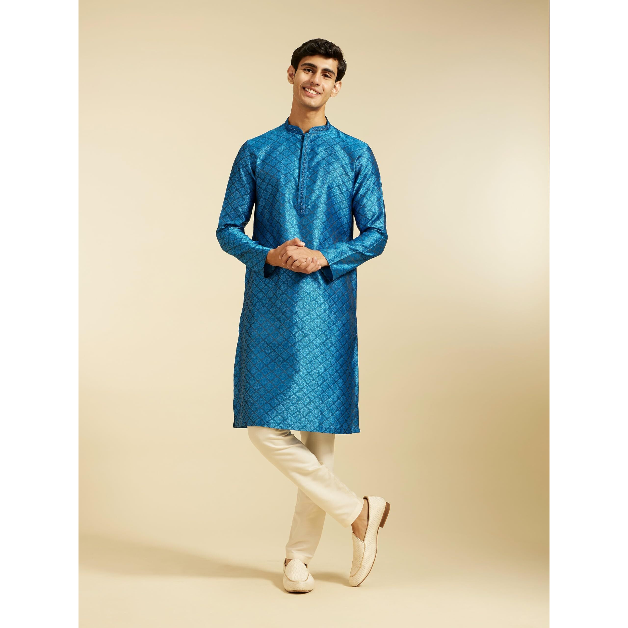Diwas By Manyavar Men's Art Silk Self Design Kurta (Mid Blue,Xxl)