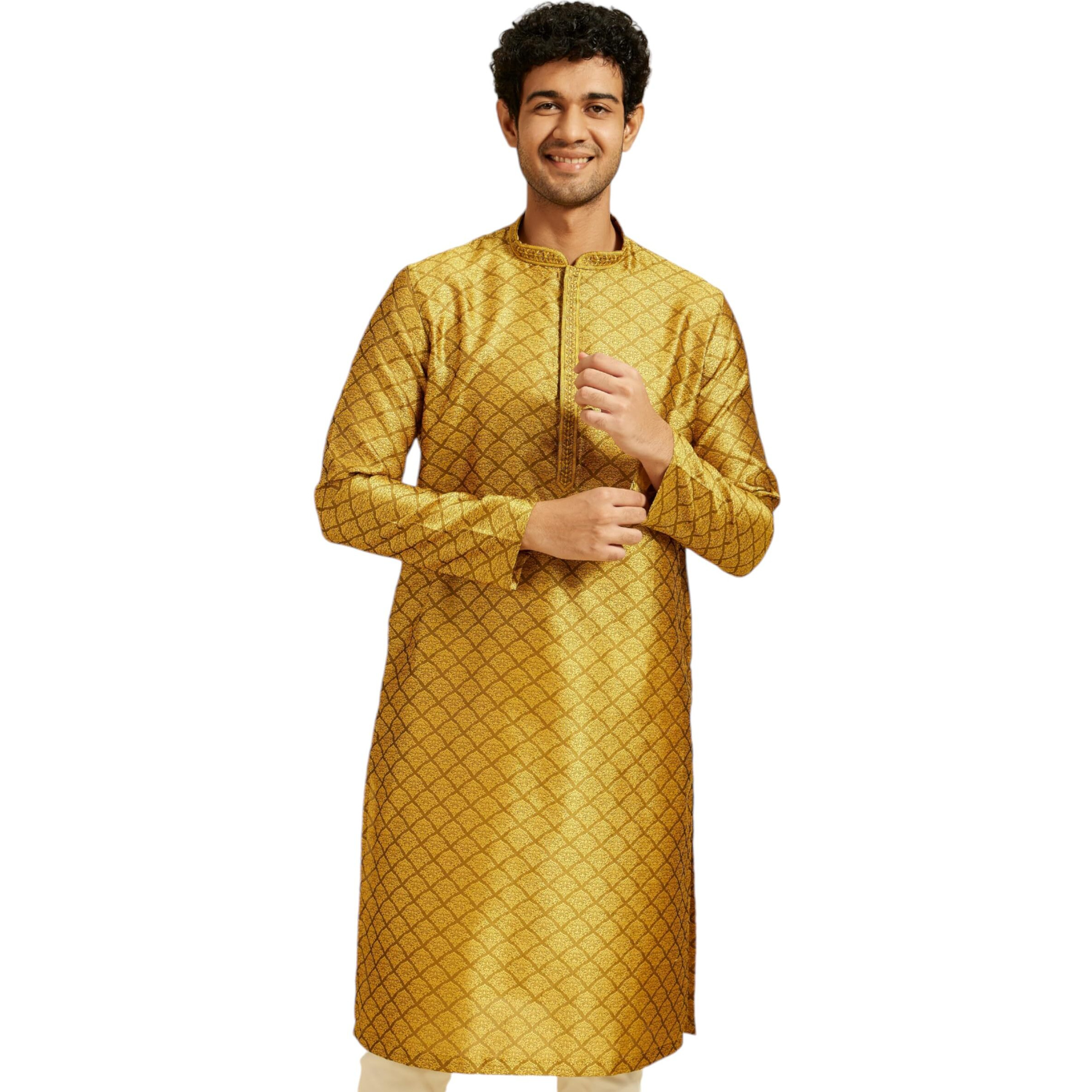 Diwas By Manyavar Men's Art Silk Jacquard| Self Design Kurta (Mustard,L)