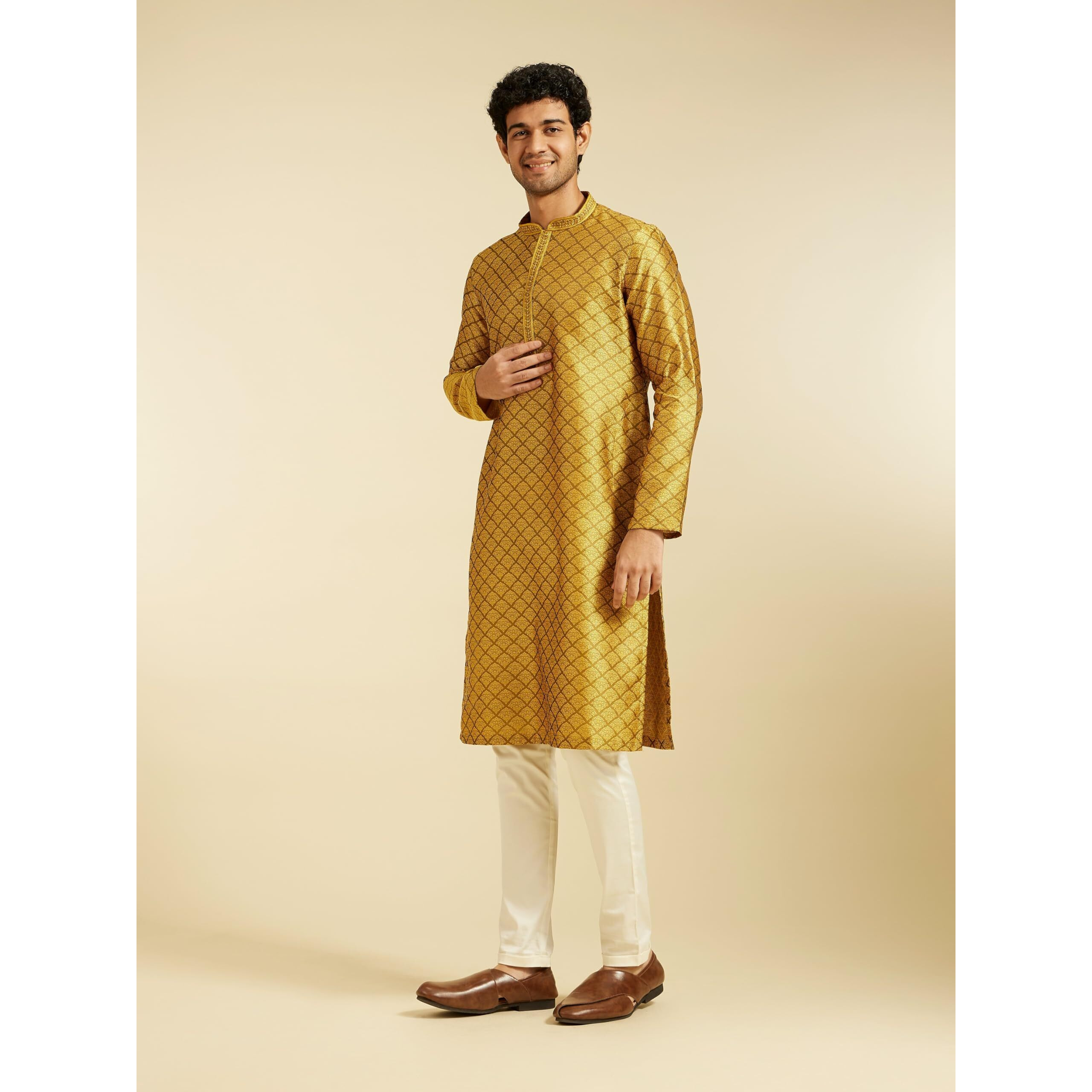 Diwas By Manyavar Men's Art Silk Jacquard| Self Design Kurta (Mustard,L)