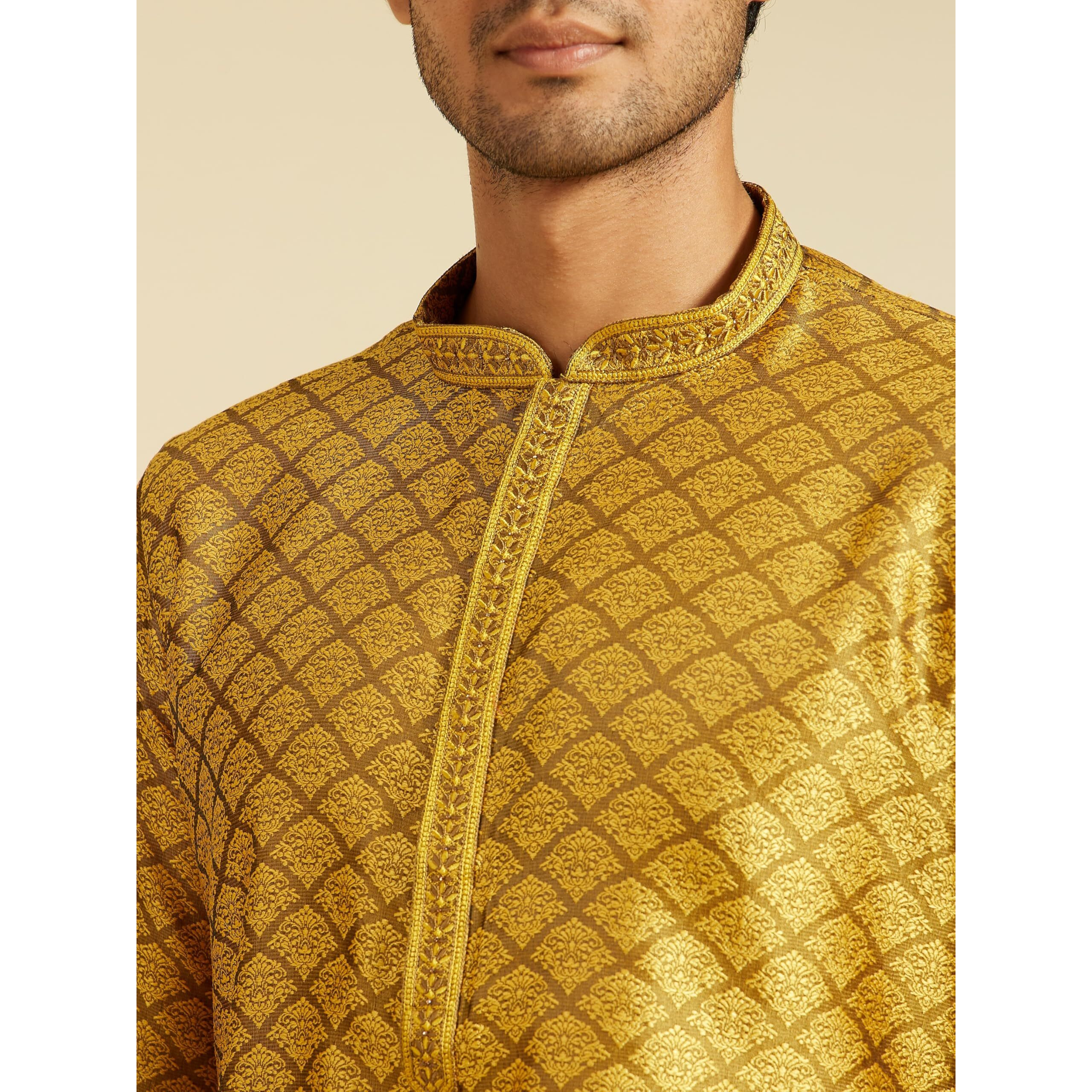 Diwas By Manyavar Men's Art Silk Jacquard| Self Design Kurta (Mustard,L)