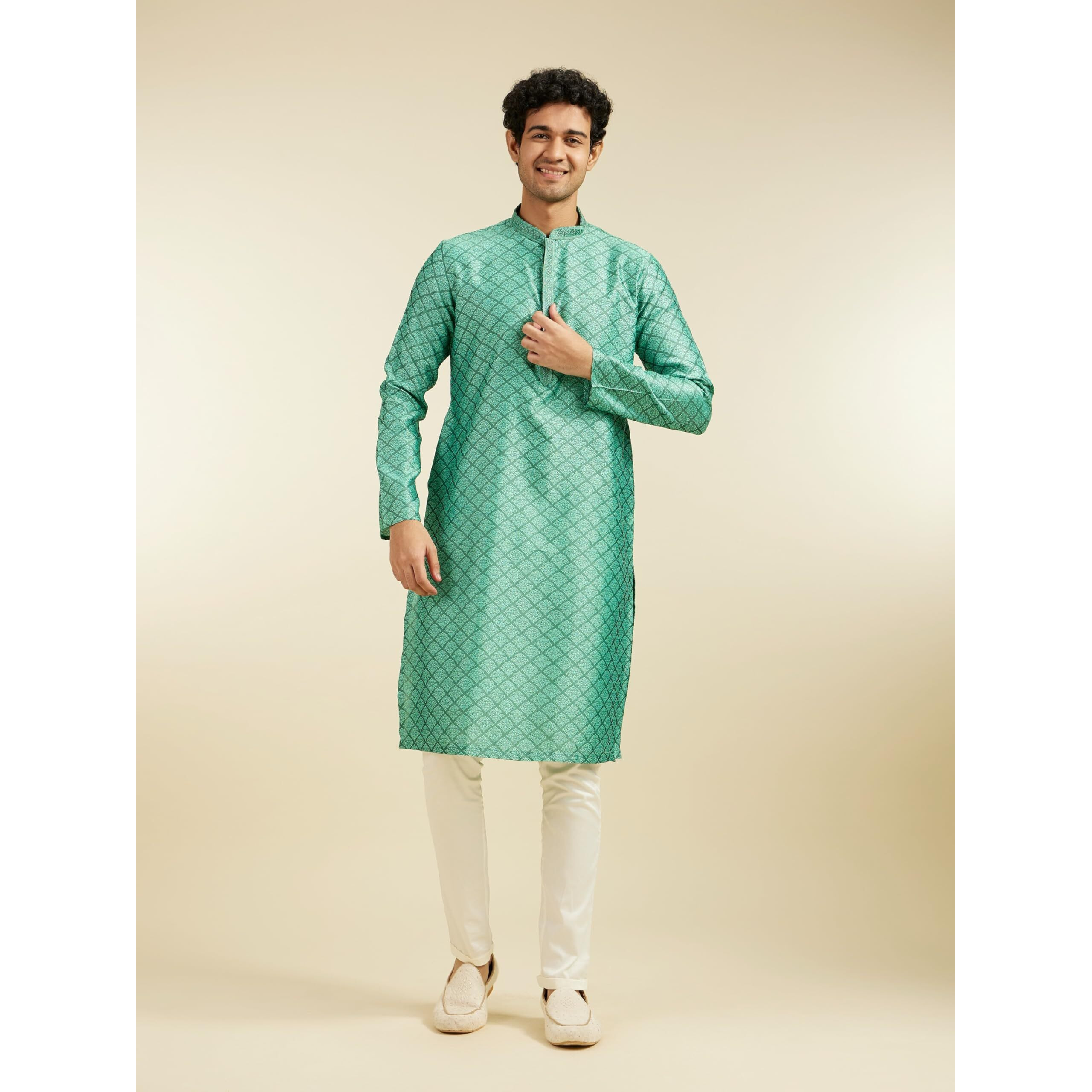 Diwas By Manyavar Men's Art Silk Self Design Kurta (Green,L)