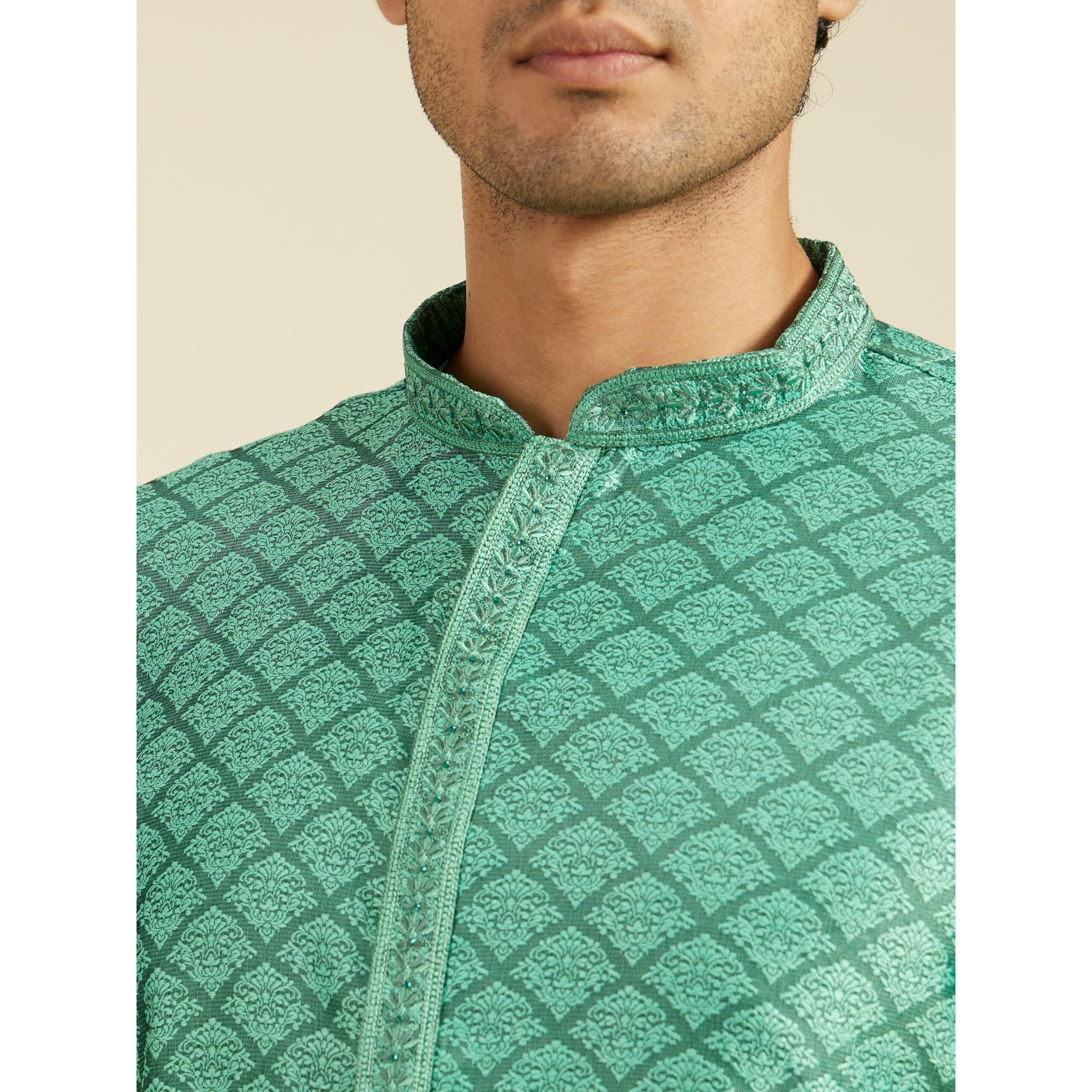 Diwas By Manyavar Men's Art Silk Self Design Kurta (Green,L)