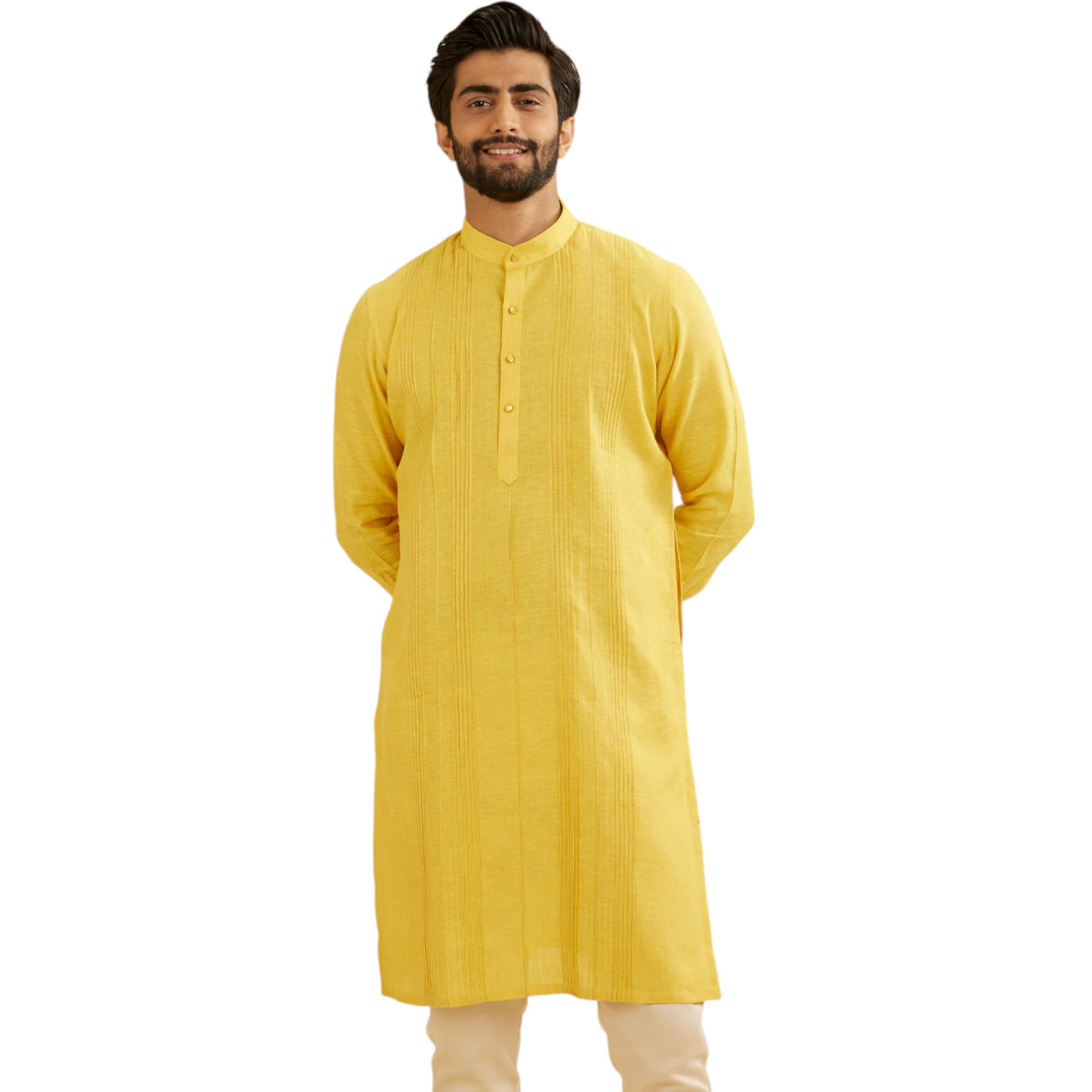 Manyavar Linen Men's Self Design Kurta (Yellow,M)