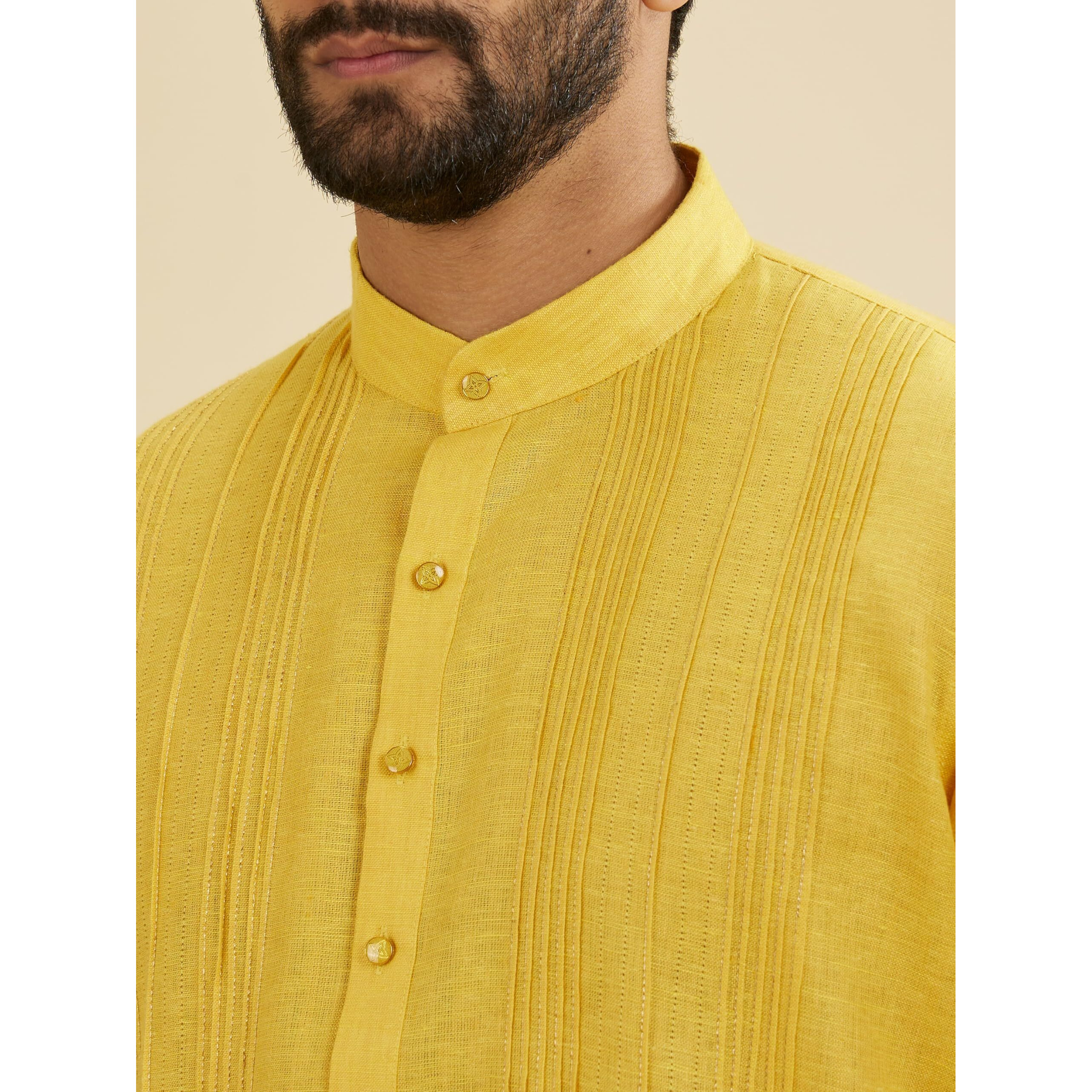 Manyavar Linen Men's Self Design Kurta (Yellow,M)