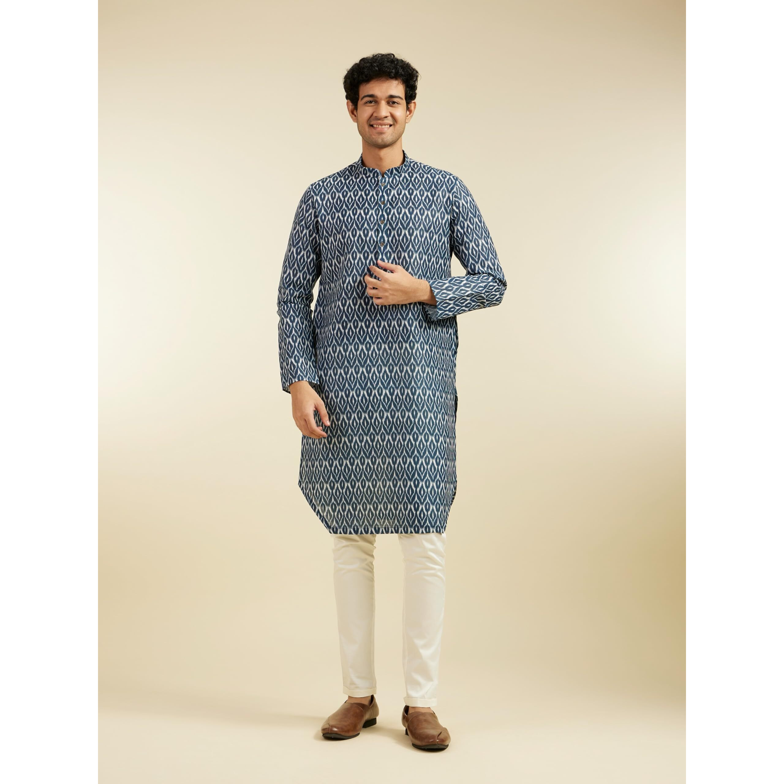 Diwas By Manyavar Men's Blended Cotton Printed Kurta (Dark Blue,M)