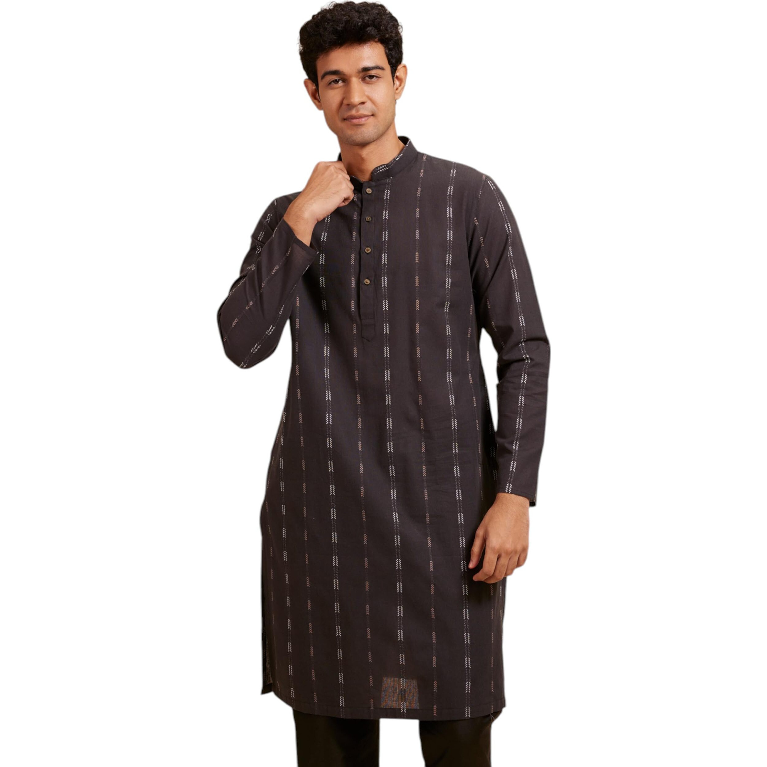 Diwas By Manyavar Men's Cotton Thread Embroidery Kurta (Black,S)
