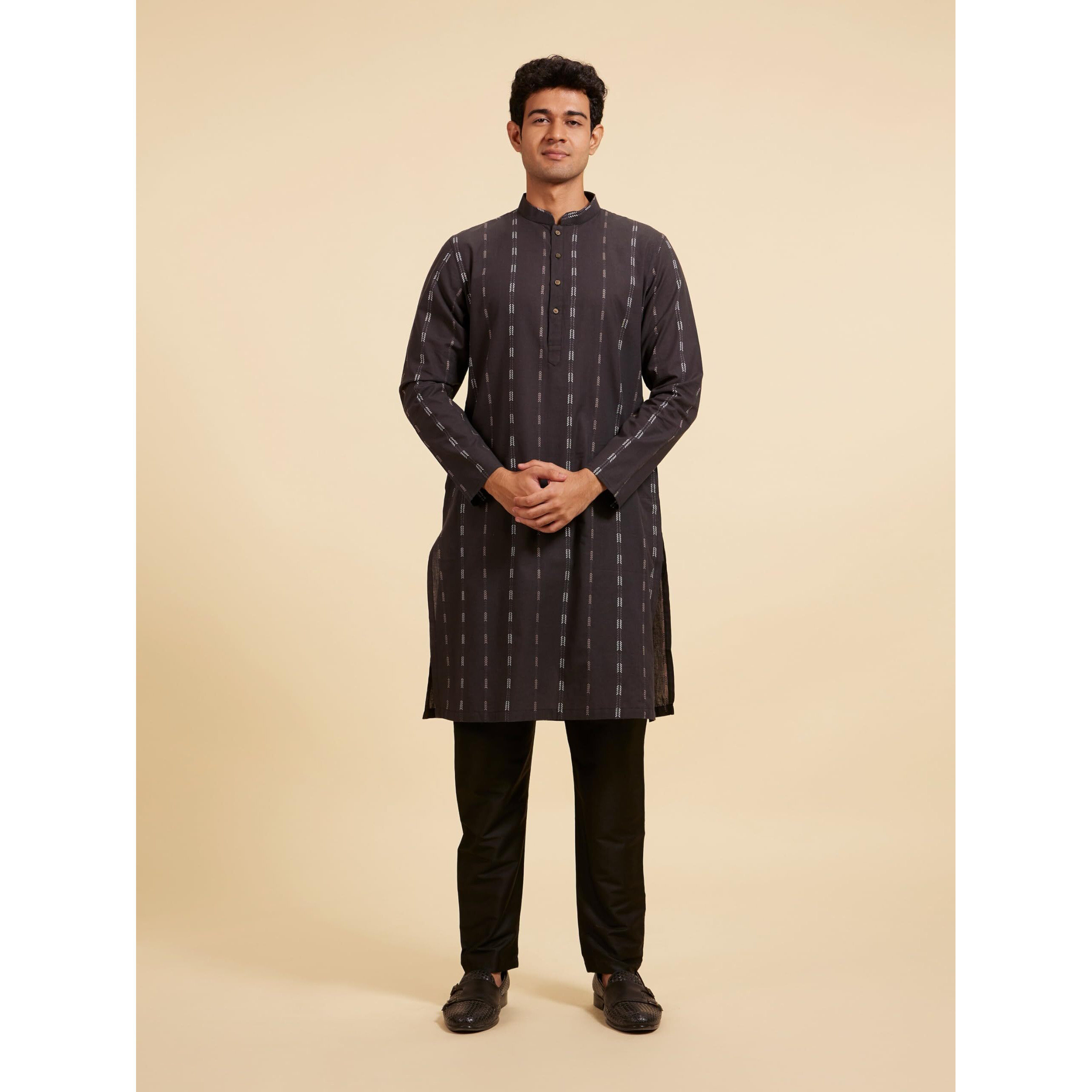 Diwas By Manyavar Men's Cotton Thread Embroidery Kurta (Black,S)