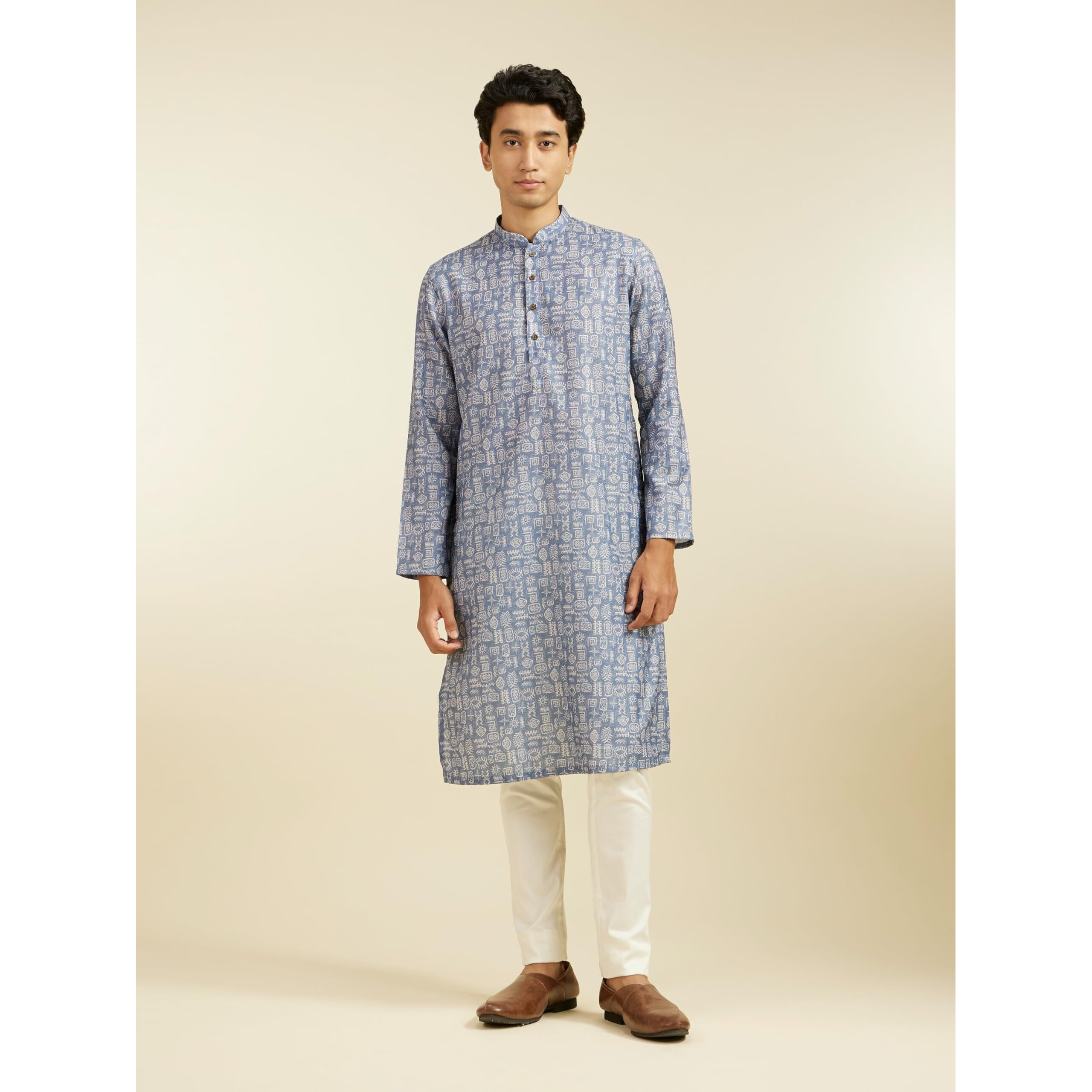 Diwas By Manyavar Men's Cotton Blend Printed Kurta (Grey,L)