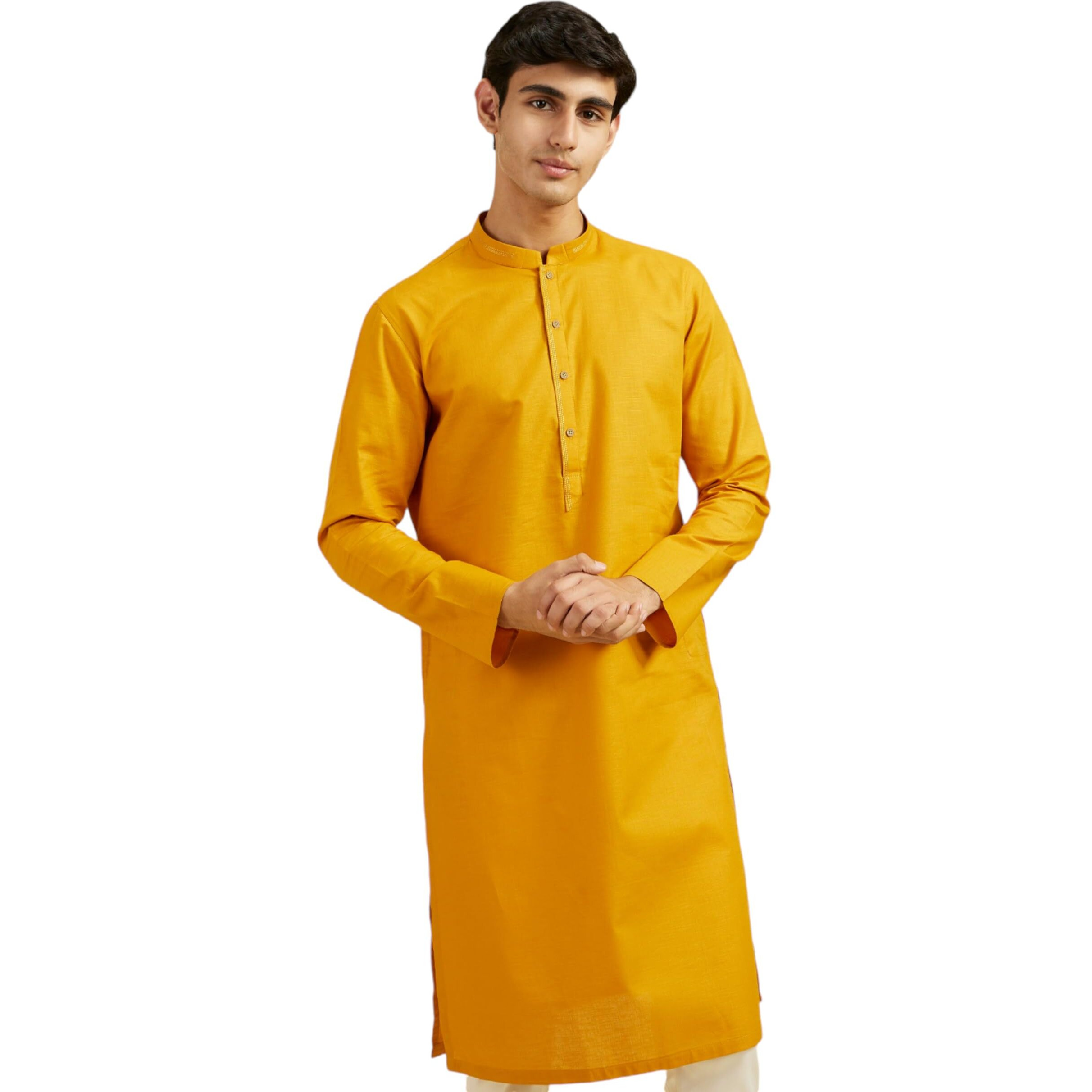 Diwas By Manyavar Men's Cotton Solid Kurta (Mustard,S)