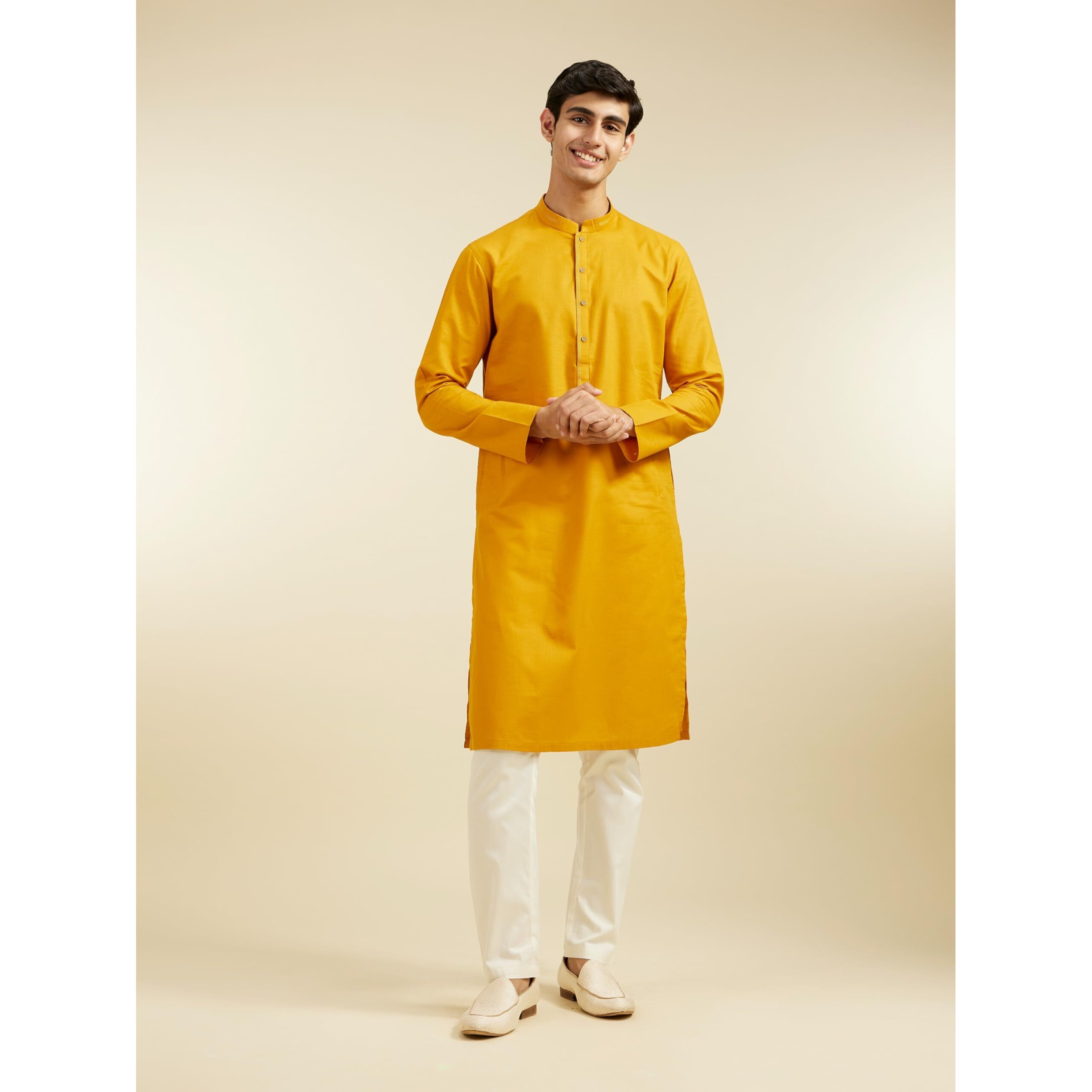 Diwas By Manyavar Men's Cotton Solid Kurta (Mustard,S)