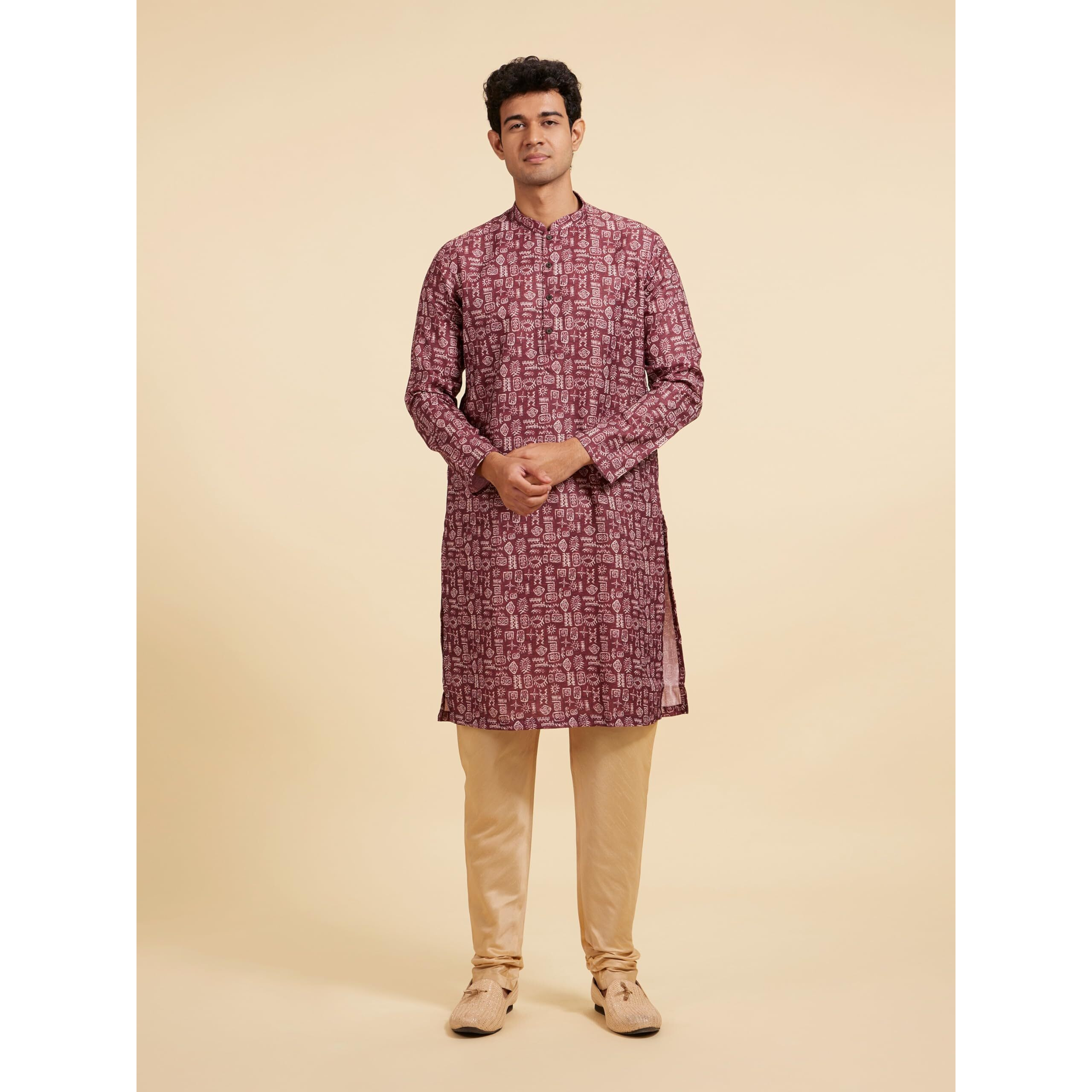 Diwas By Manyavar Men's Cotton Blend Printed Kurta (Brown,S)