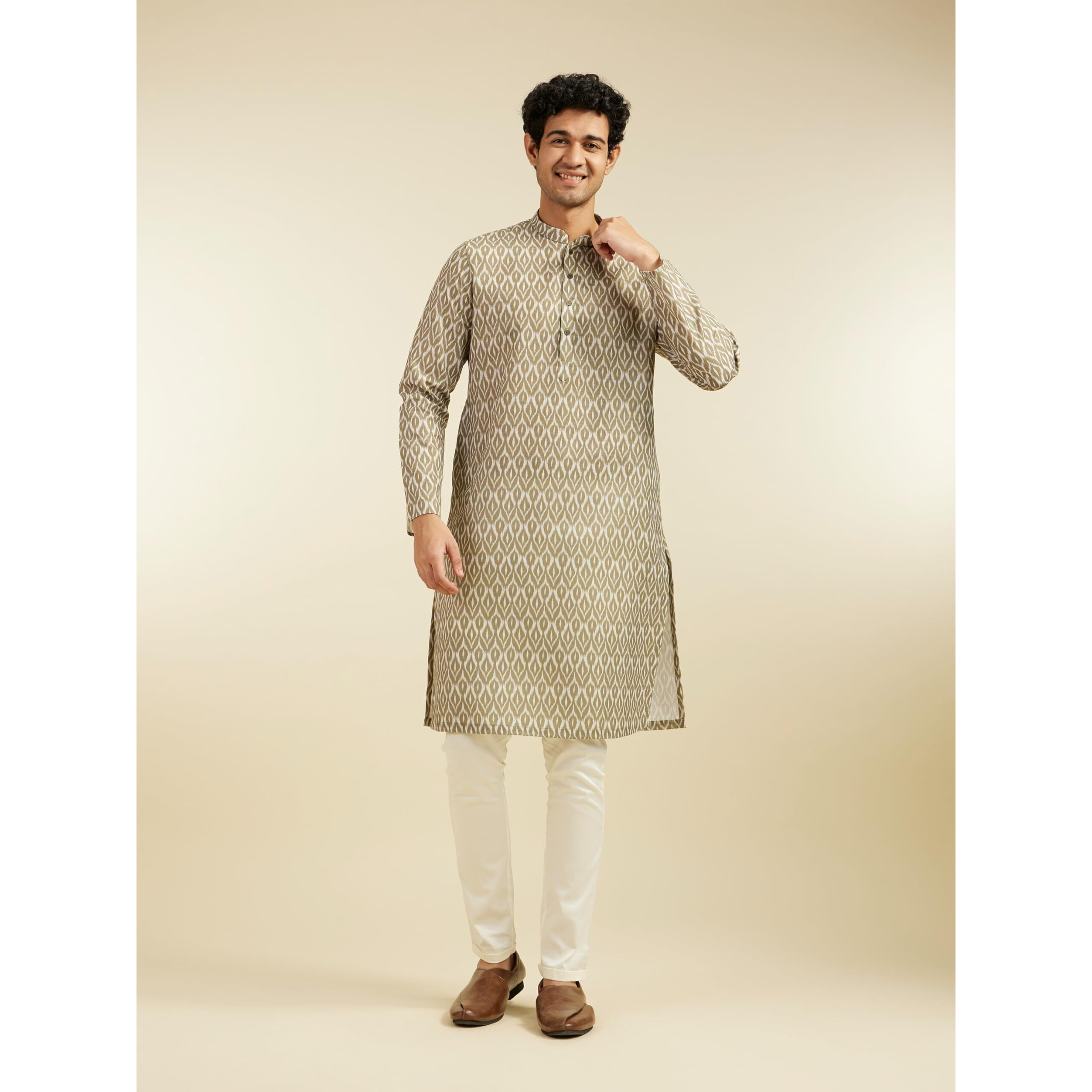 Diwas By Manyavar Men's Blended Cotton Printed Kurta (Olive Green,S)