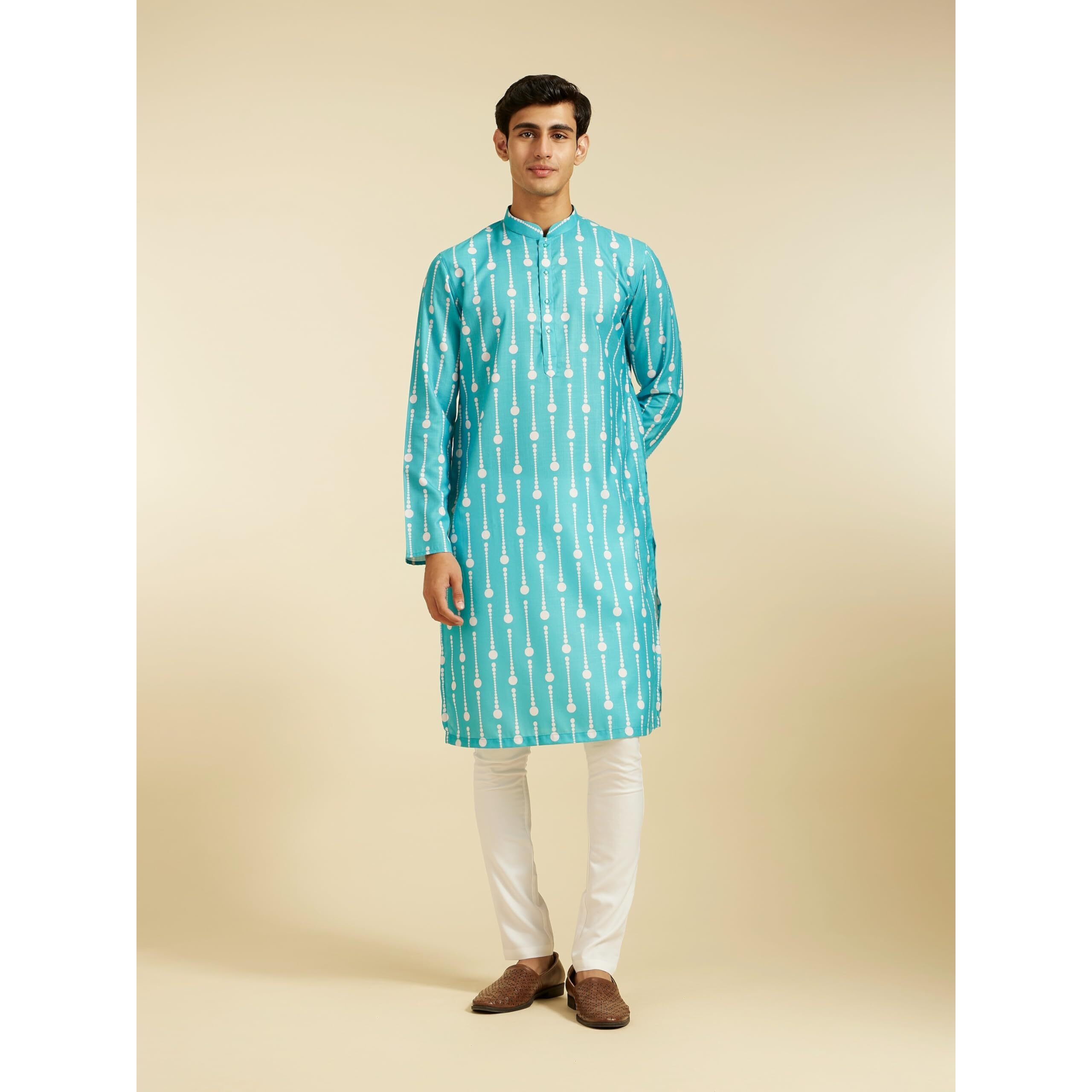 Diwas By Manyavar Men's Cotton Blend Printed Kurta (Turquoise Blue,L)