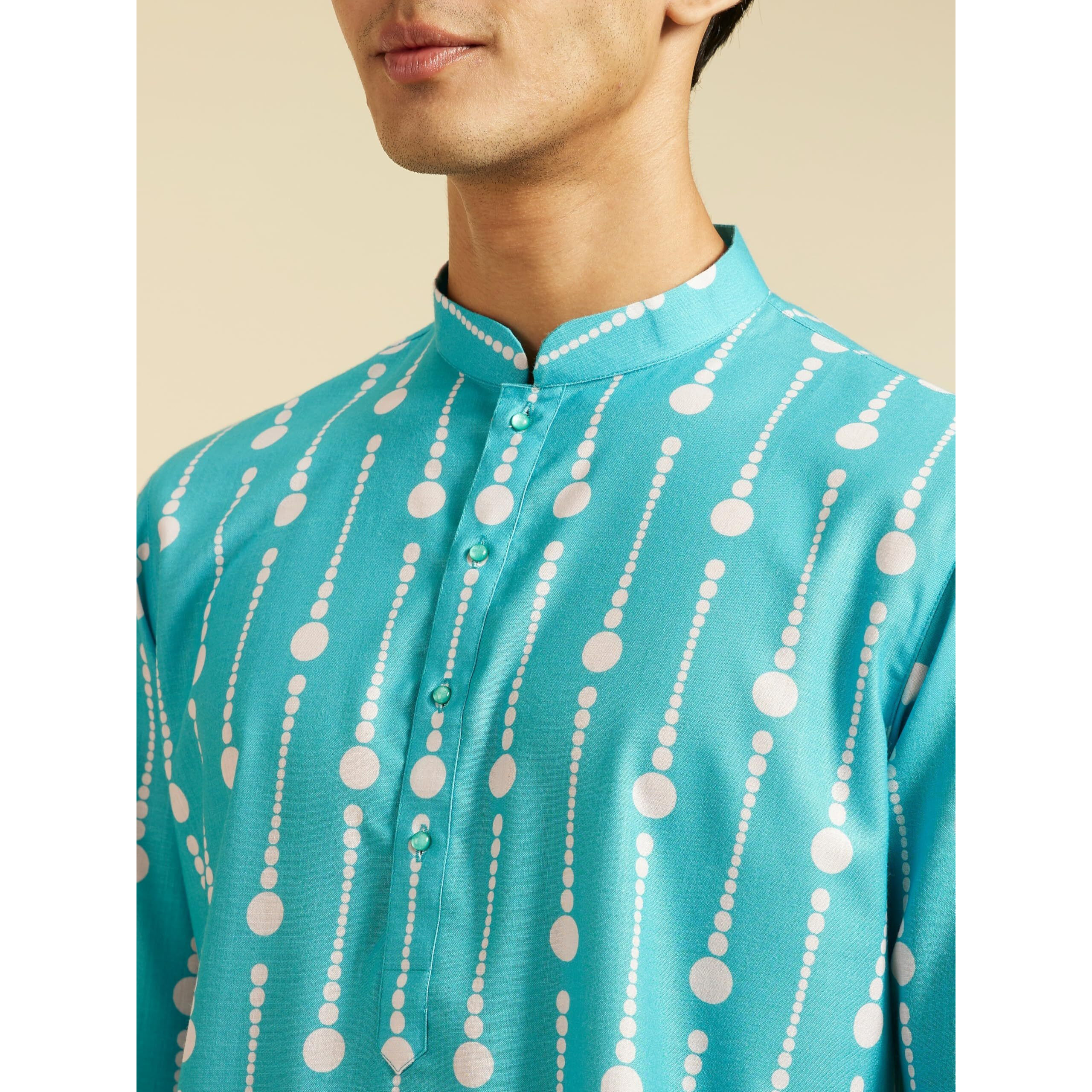 Diwas By Manyavar Men's Cotton Blend Printed Kurta (Turquoise Blue,L)