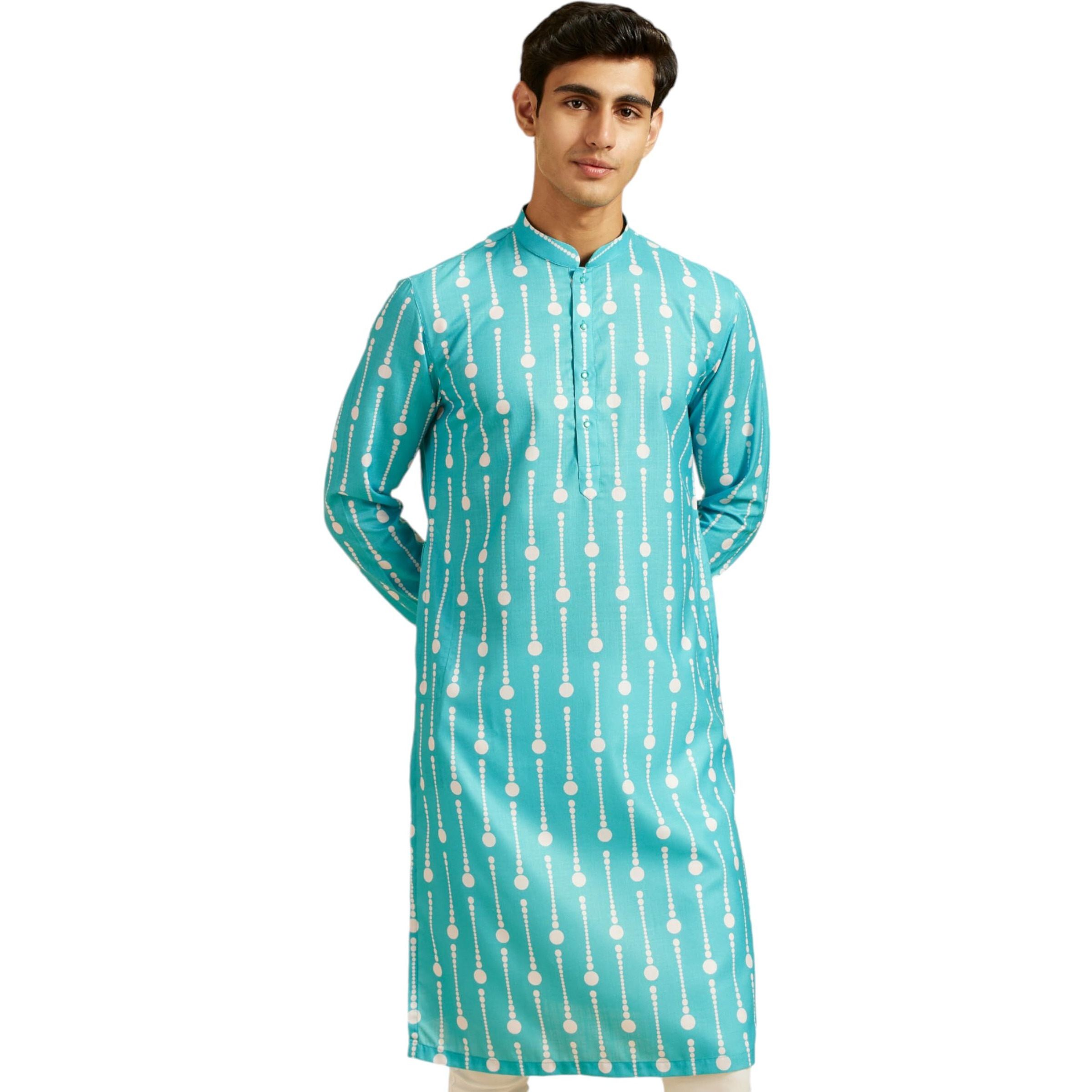 Diwas By Manyavar Men's Cotton Blend Printed Kurta (Turquoise Blue,Xxl)