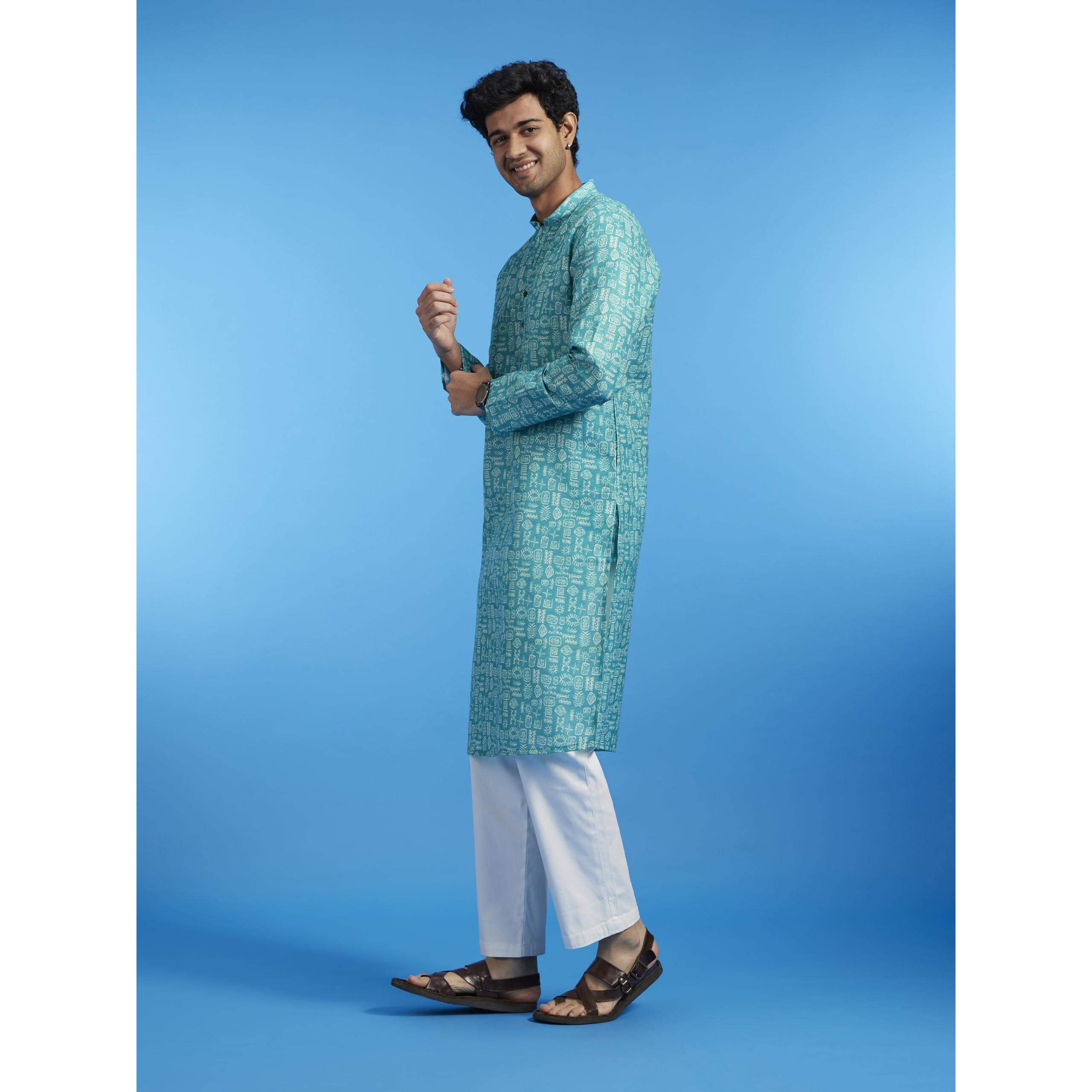Diwas By Manyavar Men's Cotton Blend Printed Kurta (Blue,Xxxl)
