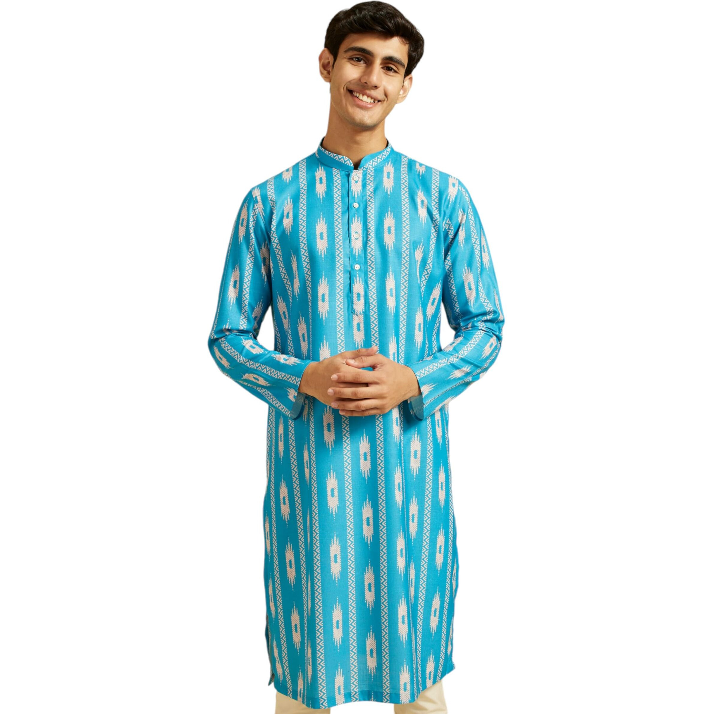 Diwas By Manyavar Men's Cotton Blend Printed Kurta (Turquoise Blue,Xxxl)