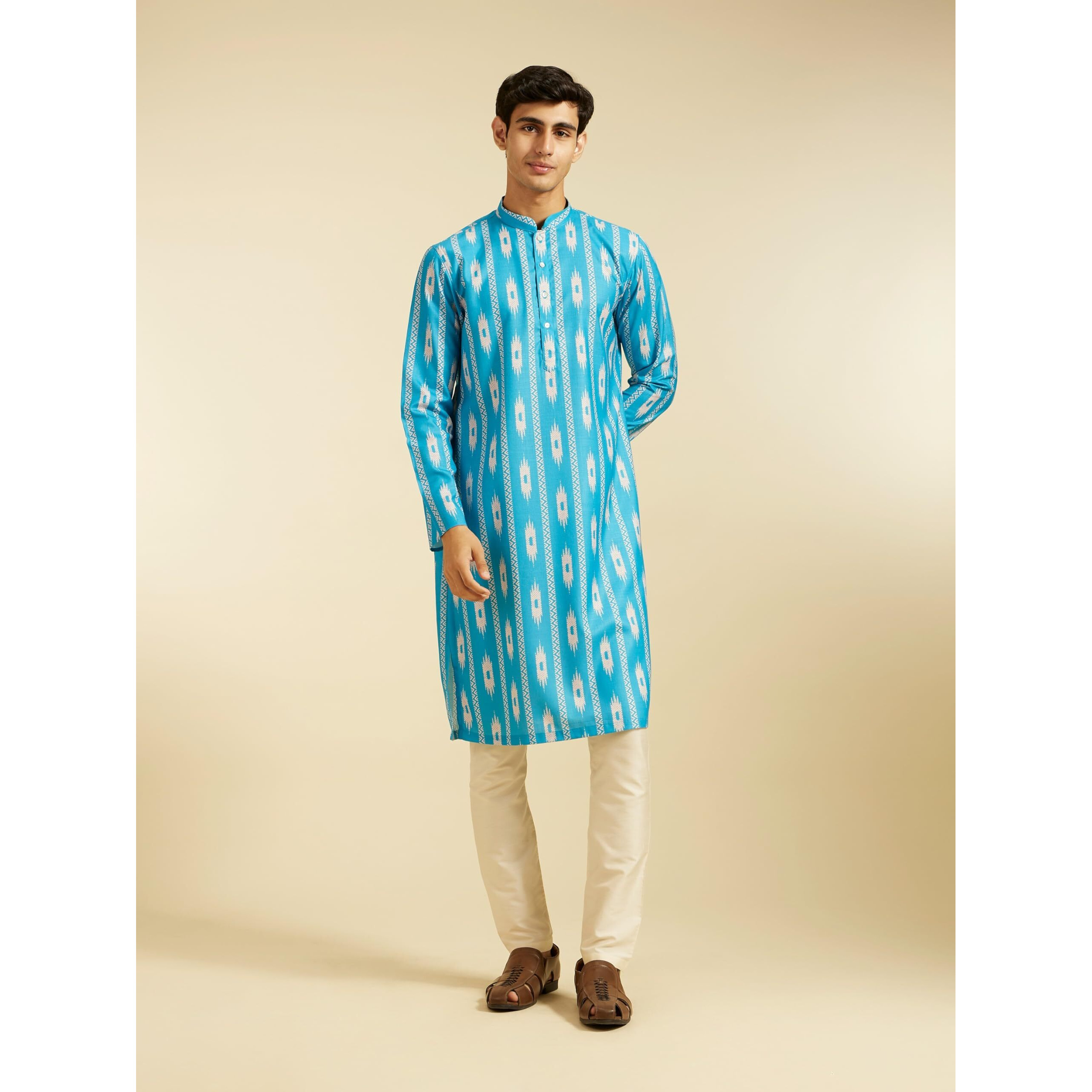 Diwas By Manyavar Men's Cotton Blend Printed Kurta (Turquoise Blue,Xxxl)