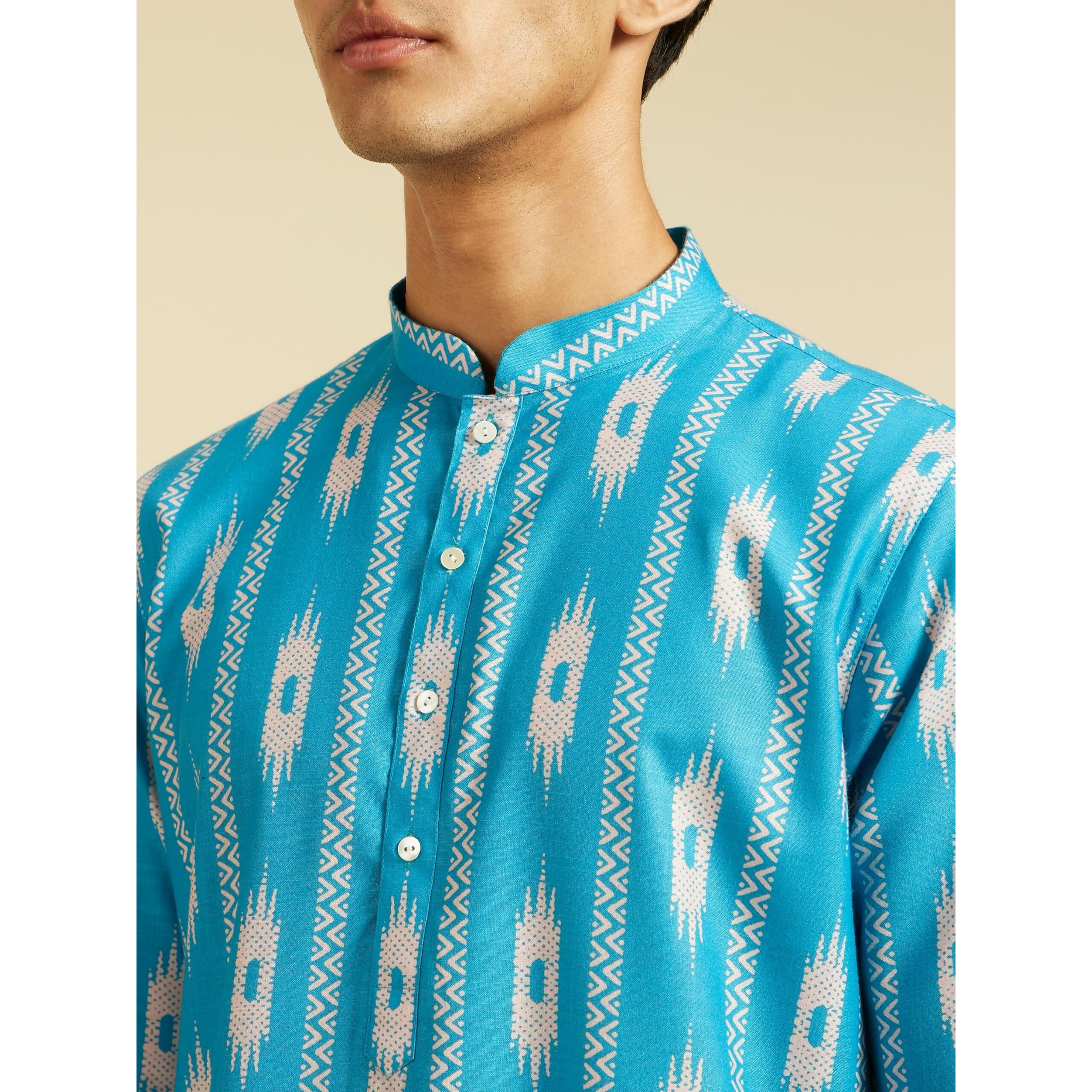 Diwas By Manyavar Men's Cotton Blend Printed Kurta (Turquoise Blue,Xxxl)