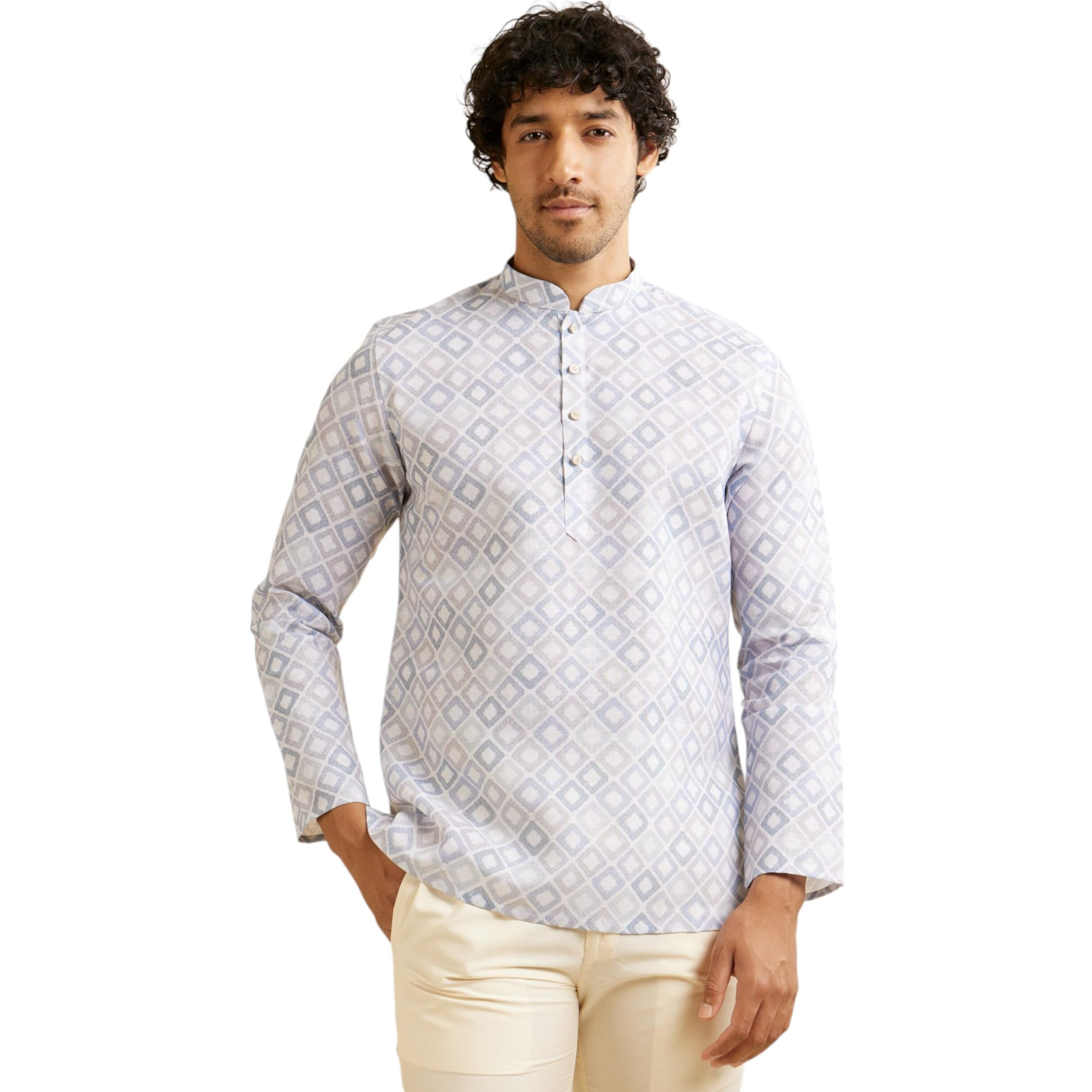 Manyavar Men's Cotton Blend Grid Patterned Short Kurta (Light Grey,L)