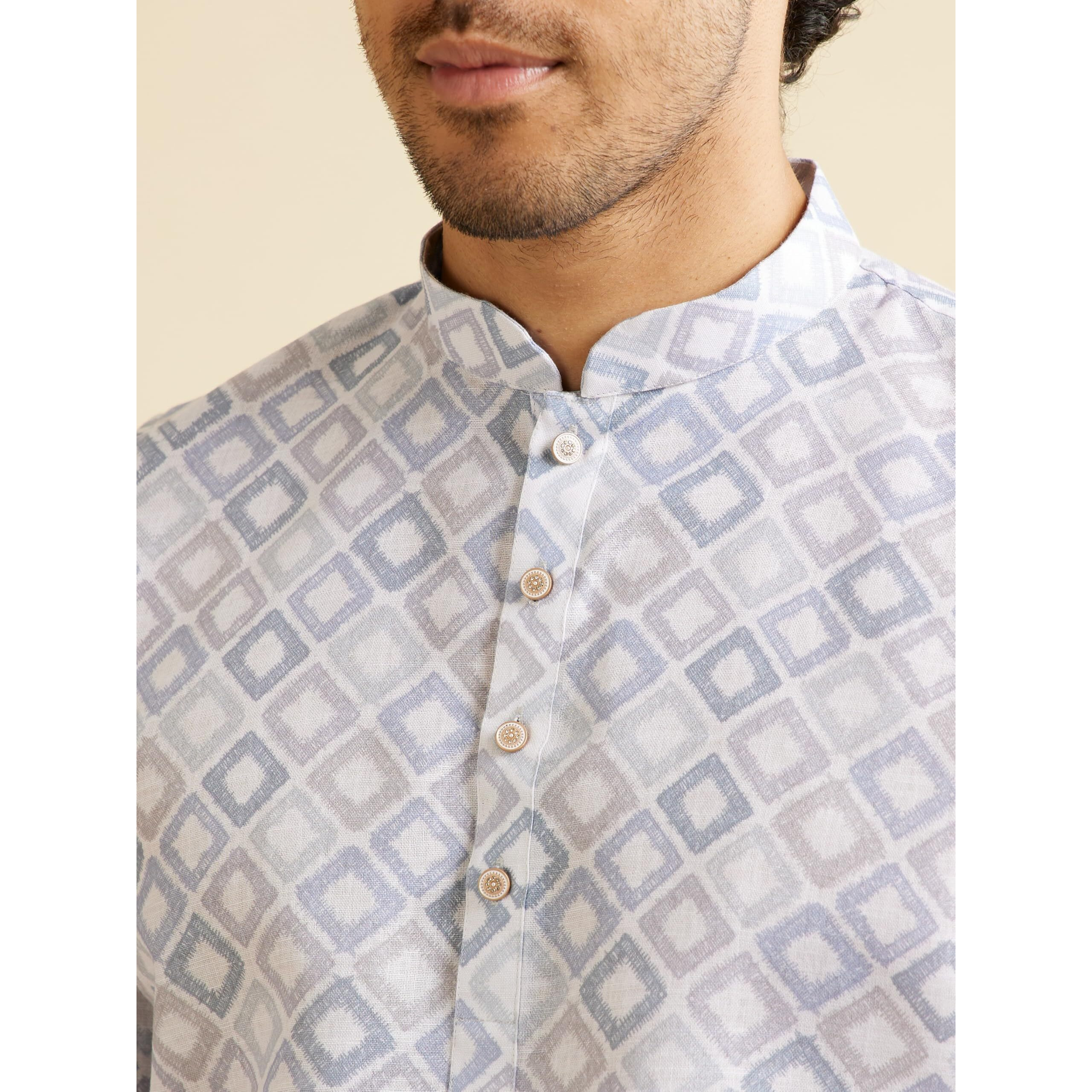 Manyavar Men's Cotton Blend Grid Patterned Short Kurta (Light Grey,L)