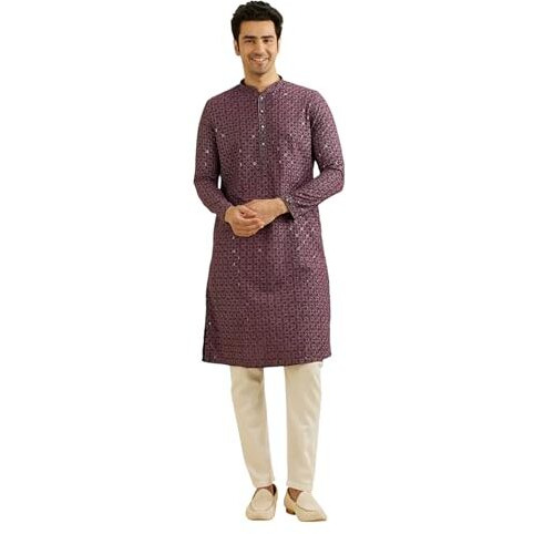 Manyavar Men's Viscose Blend Chikankari | Sequins Work Kurta Set (Wine,L)