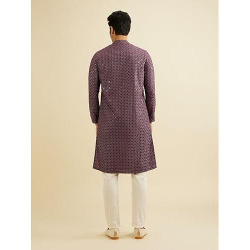 Manyavar Men's Viscose Blend Chikankari | Sequins Work Kurta Set (Wine,L)