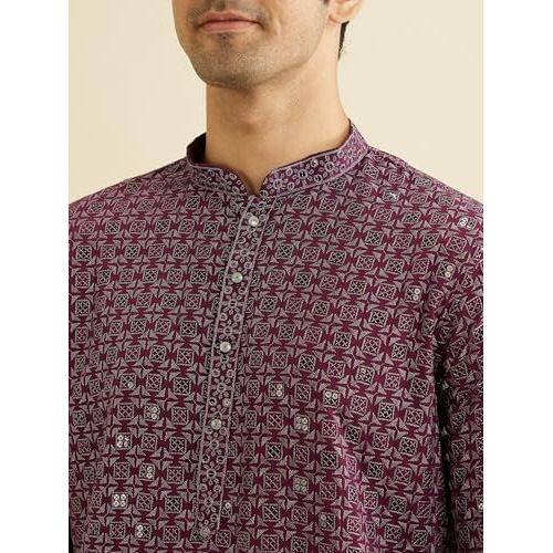 Manyavar Men's Viscose Blend Chikankari | Sequins Work Kurta Set (Wine,L)