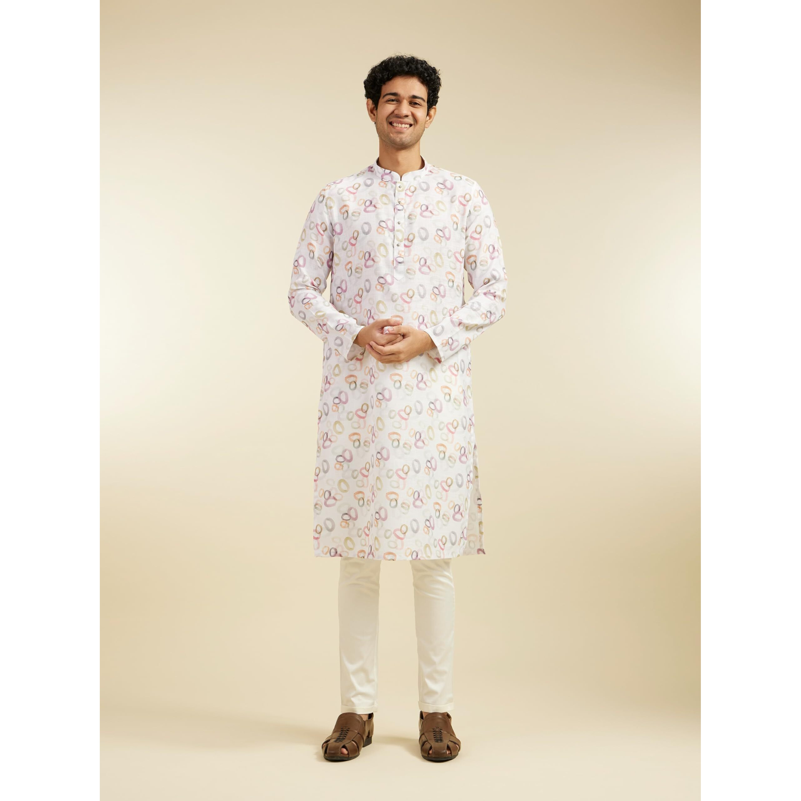 Diwas By Manyavar Men's Linen Blend Printed Kurta (White,Xxl)