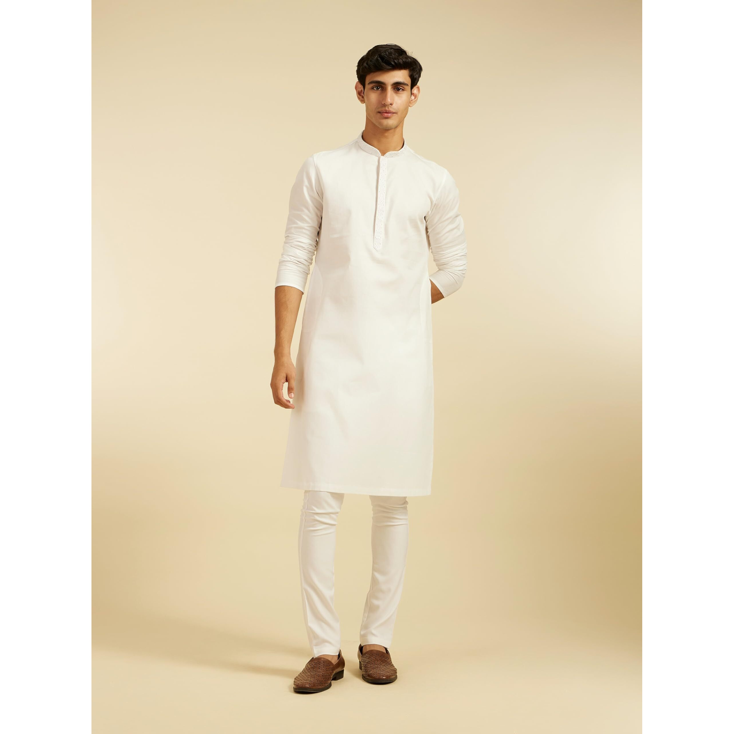 Diwas By Manyavar Men's Cotton Textured | Stone Work Kurta (White,M)