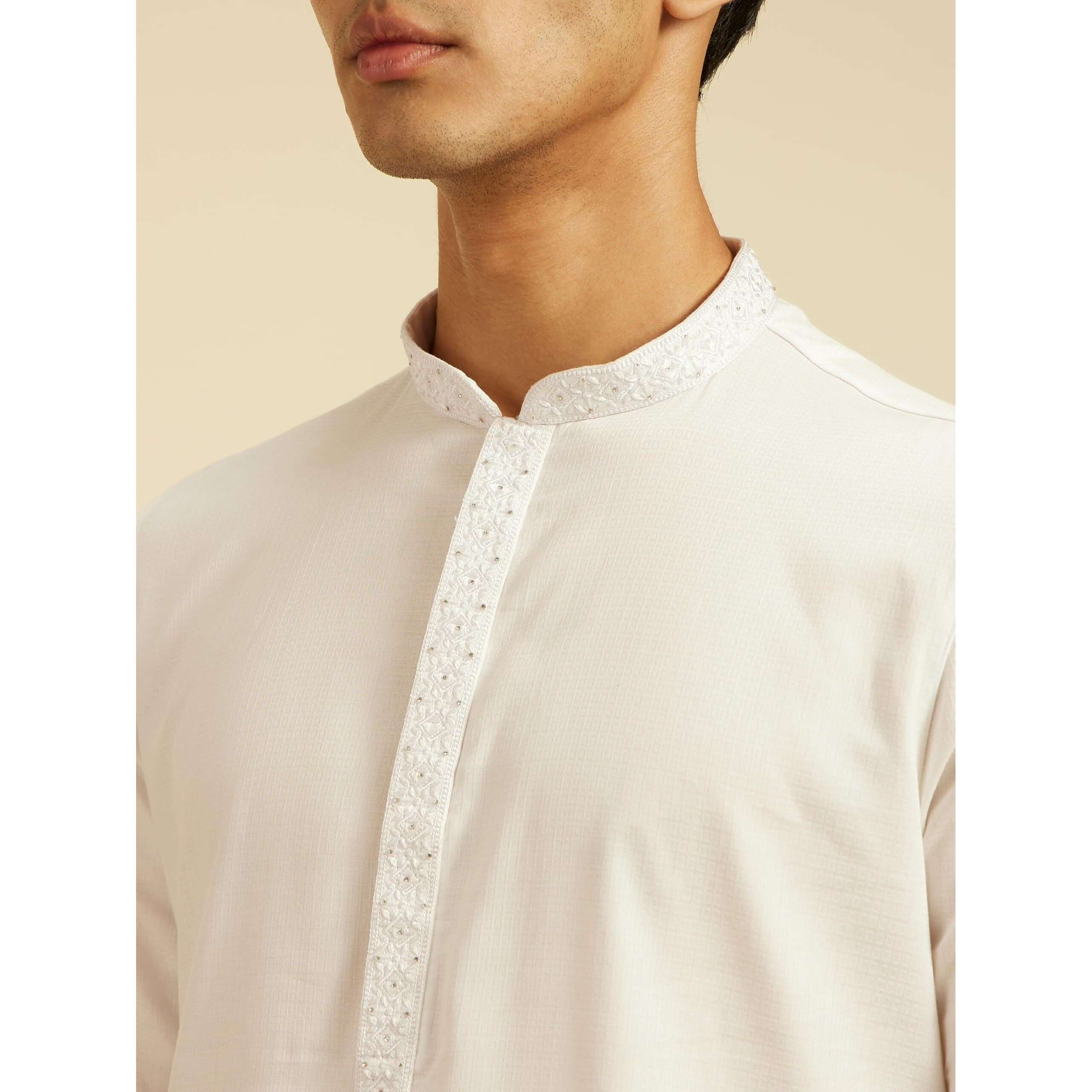 Diwas By Manyavar Men's Cotton Textured | Stone Work Kurta (White,M)