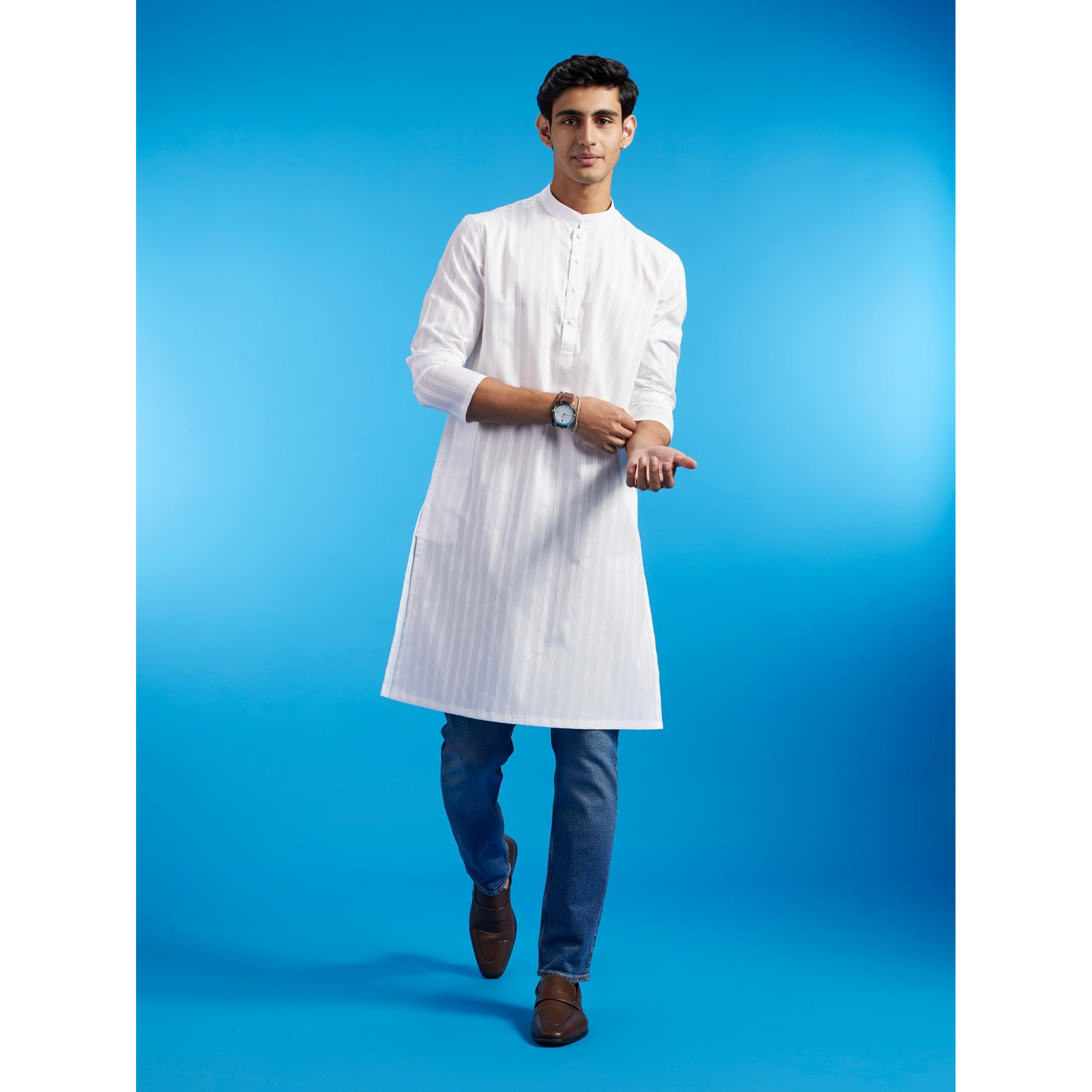 Diwas By Manyavar Men's Cotton Textured Striped Kurta (White,Xl)