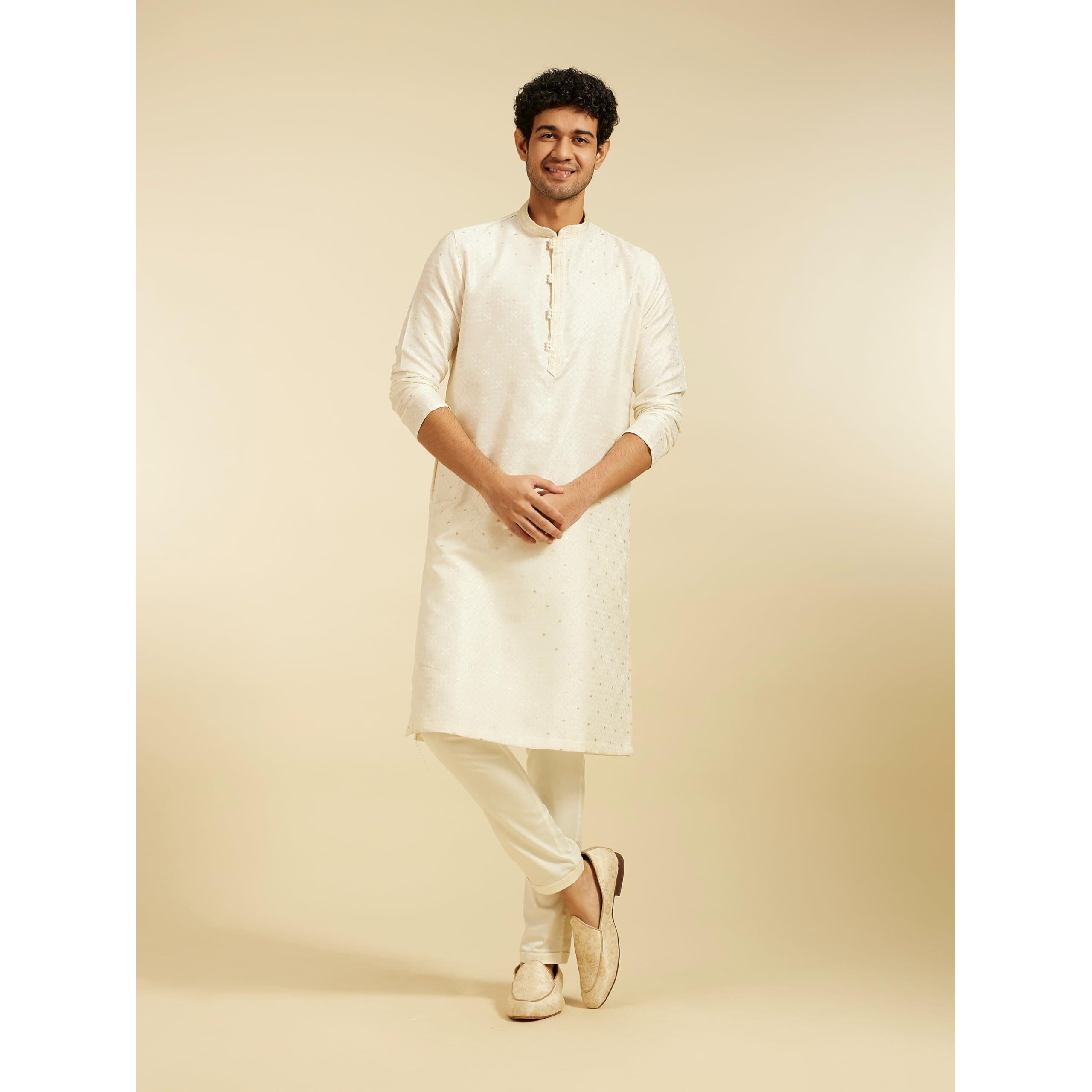 Diwas By Manyavar Men's Art Silk Self Design Kurta (Cream,M)