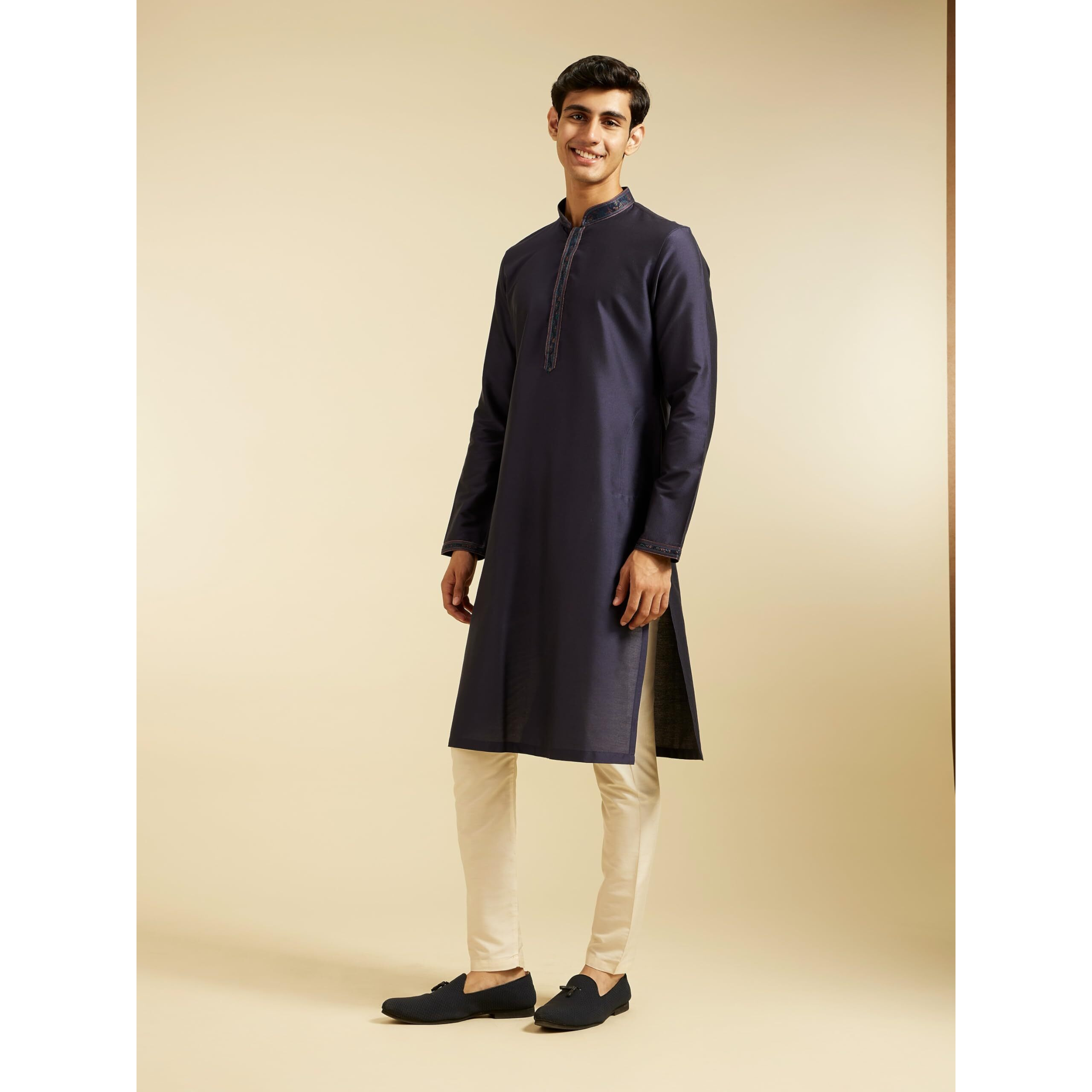 Diwas By Manyavar Men's Viscose Blend Solid Kurta (Dark Blue,M)